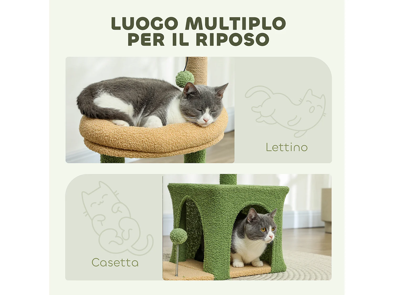 Albero tiragraffi per gatti con casetta e lettino verde e marrone