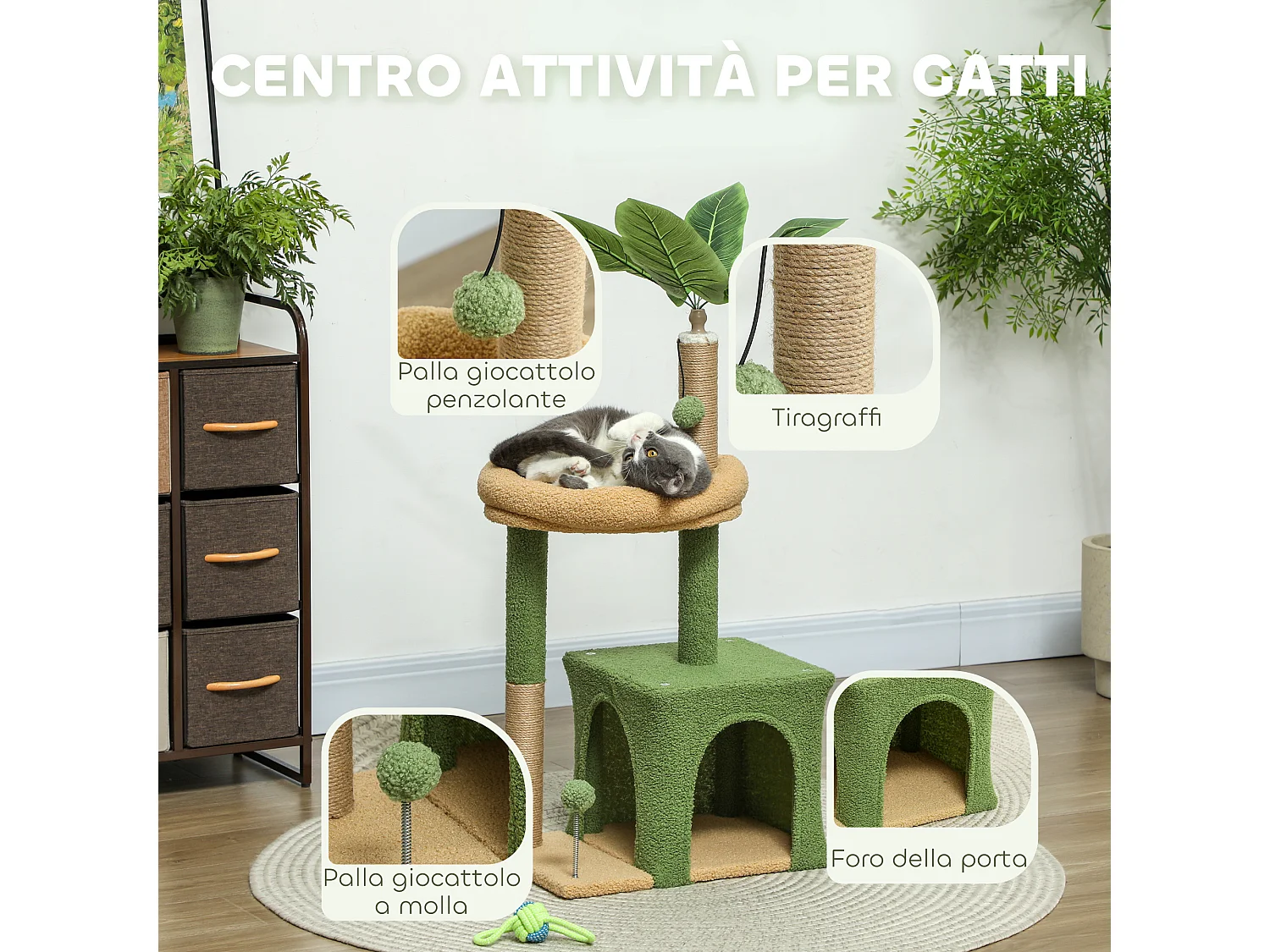 Albero tiragraffi per gatti con casetta e lettino verde e marrone