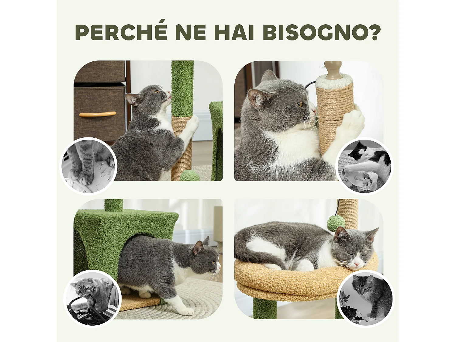 Albero tiragraffi per gatti con casetta e lettino verde e marrone