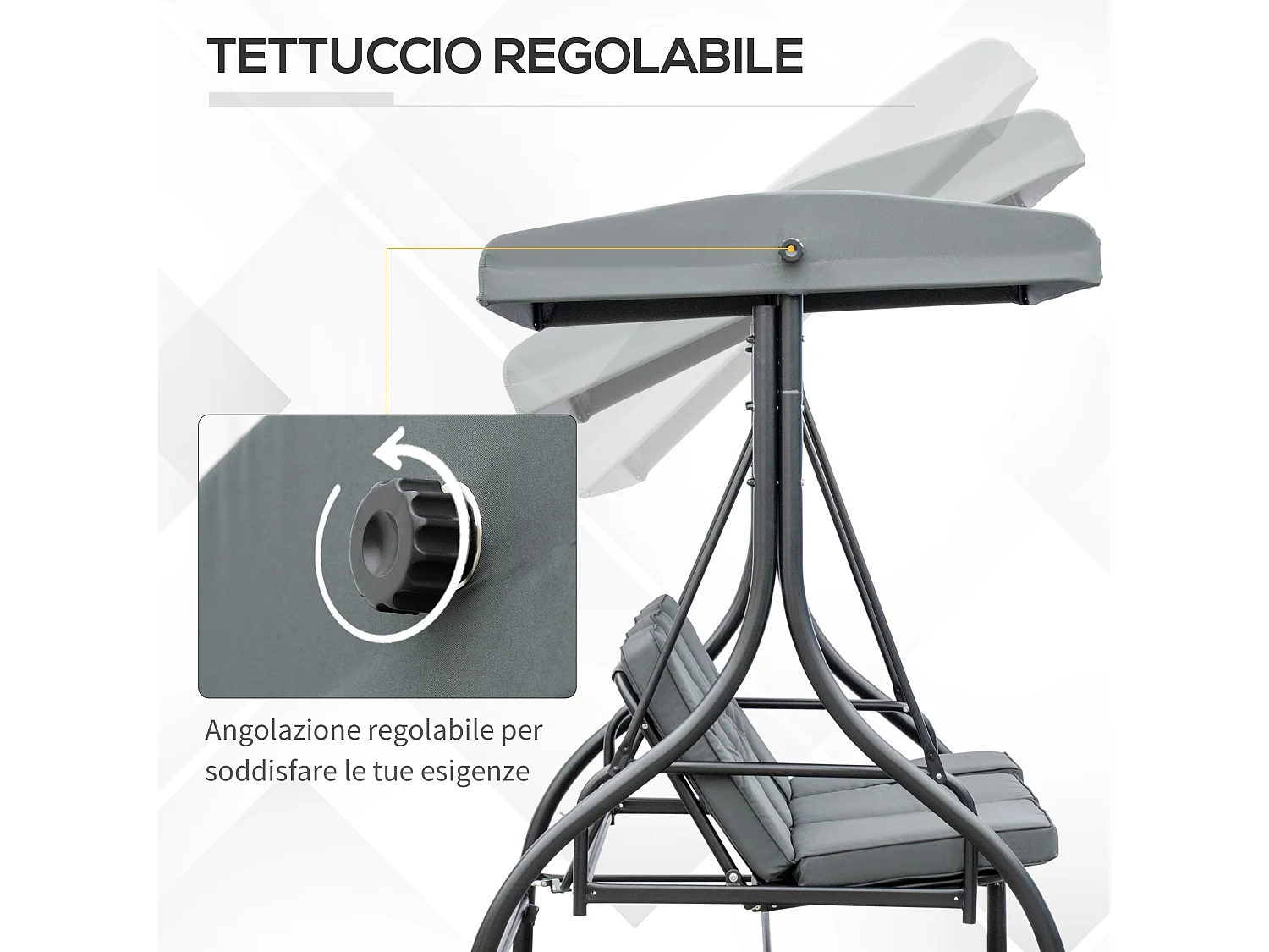 Dondolo da giardino 3 posti convertibile in letto con tettuccio grigio