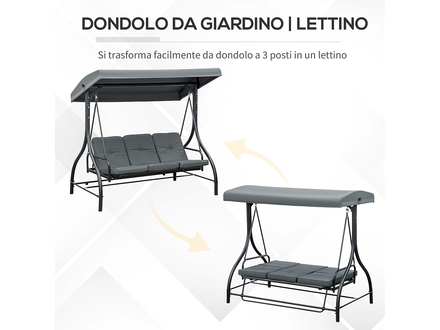 Dondolo da giardino 3 posti convertibile in letto con tettuccio grigio