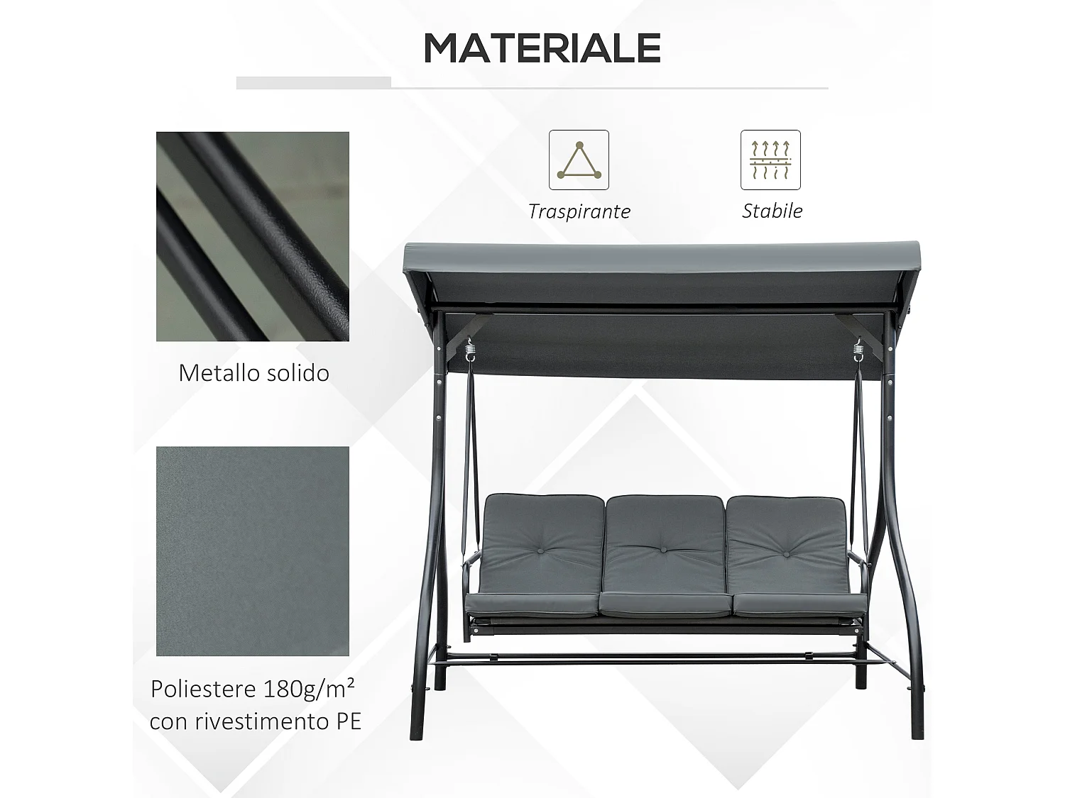 Dondolo da giardino 3 posti convertibile in letto con tettuccio grigio