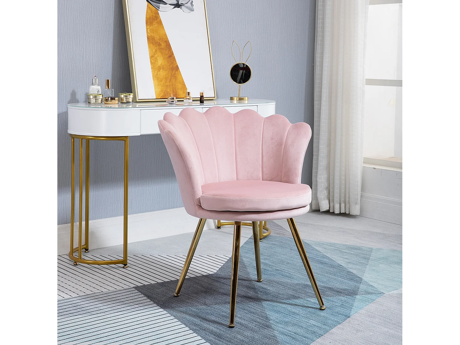 Poltrona imbottita a conchiglia stile vintage in velluto rosa e oro