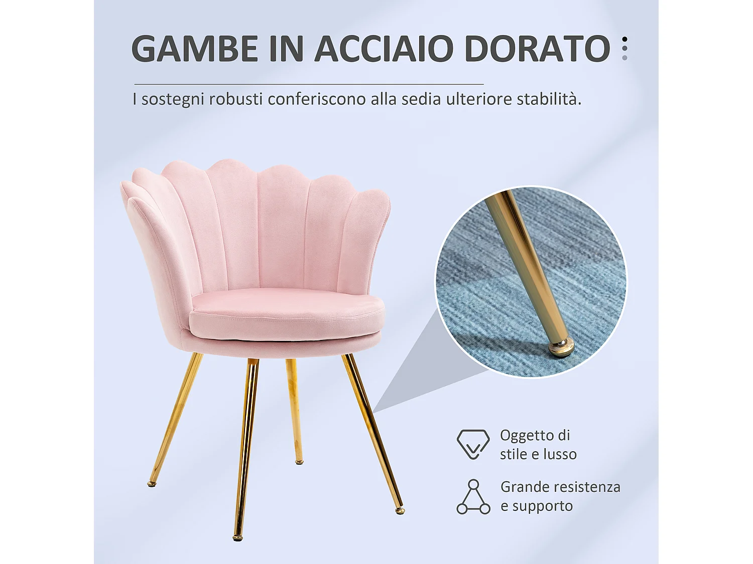 Poltrona imbottita a conchiglia stile vintage in velluto rosa e oro