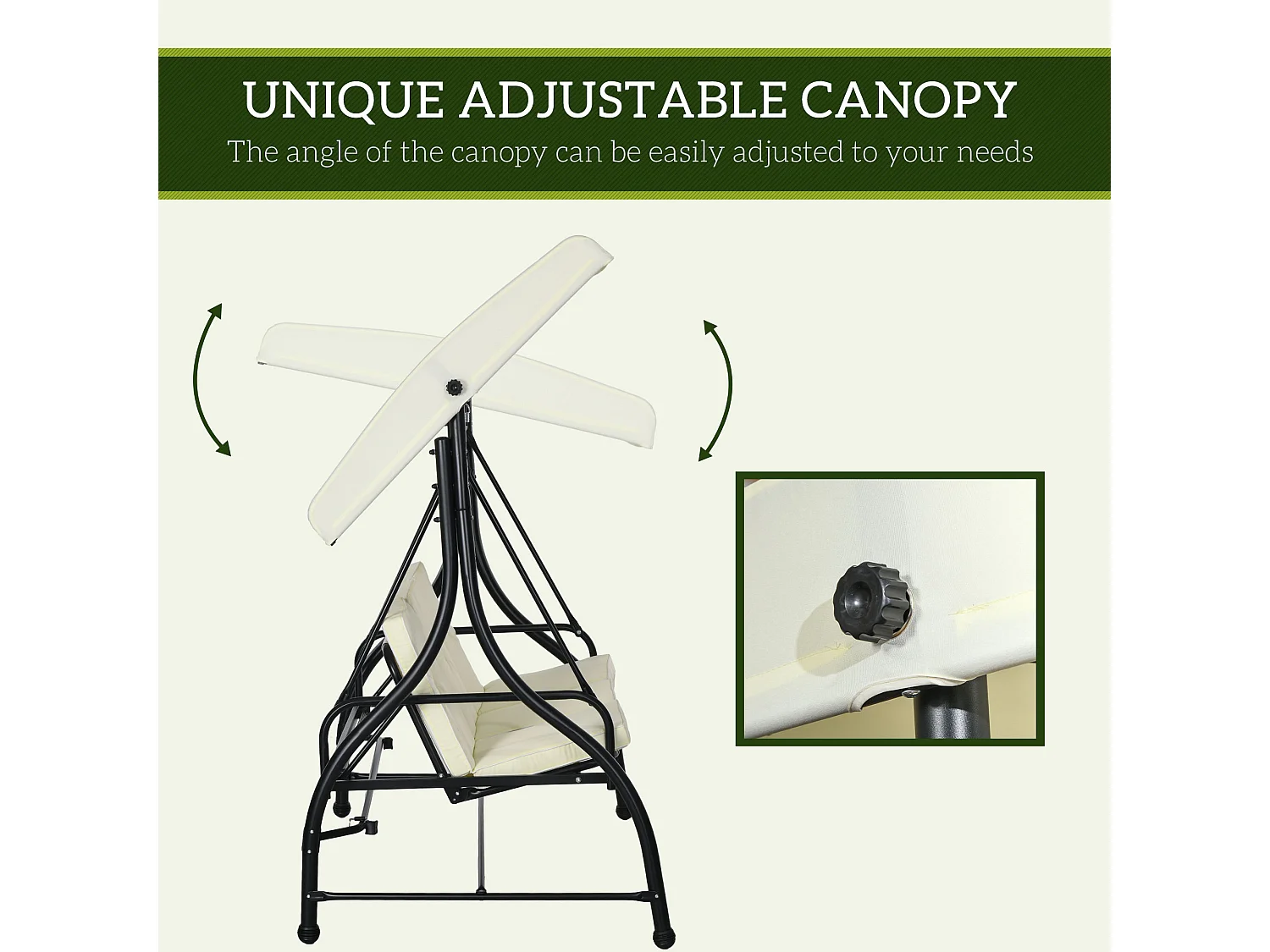 Dondolo letto da giardino 3 posti con tettuccio regolabile crema nero