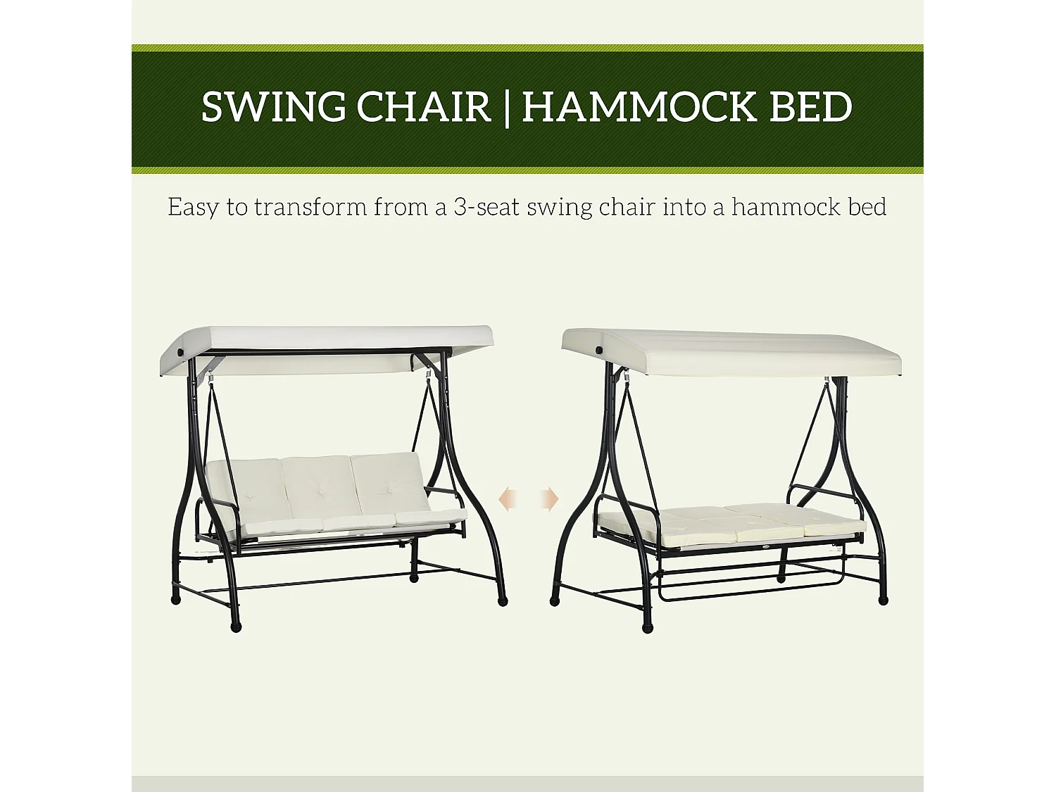 Dondolo letto da giardino 3 posti con tettuccio regolabile crema nero