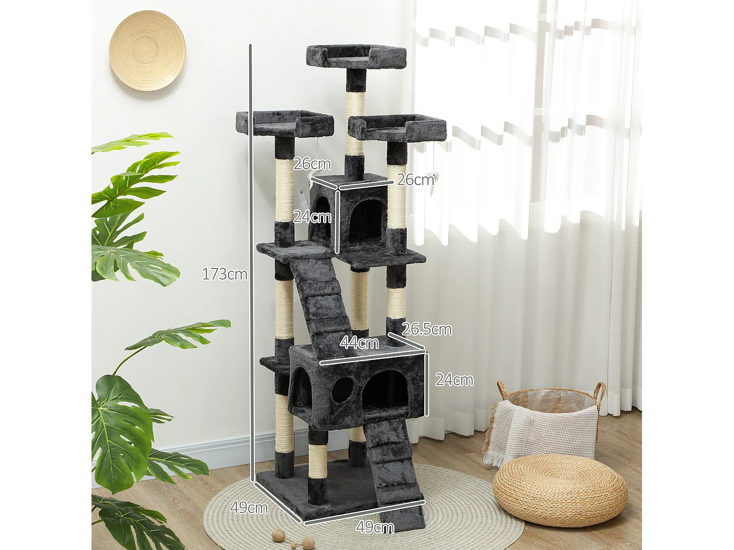 Albero tiragraffi per gatti con 3 posatoi e 2 casette grigio