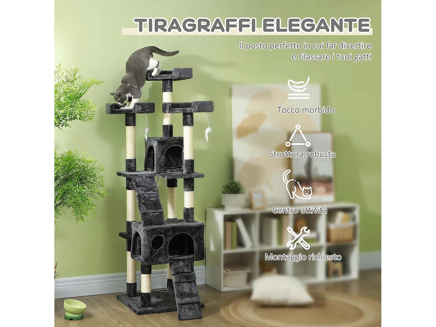 Albero tiragraffi per gatti con 3 posatoi e 2 casette grigio