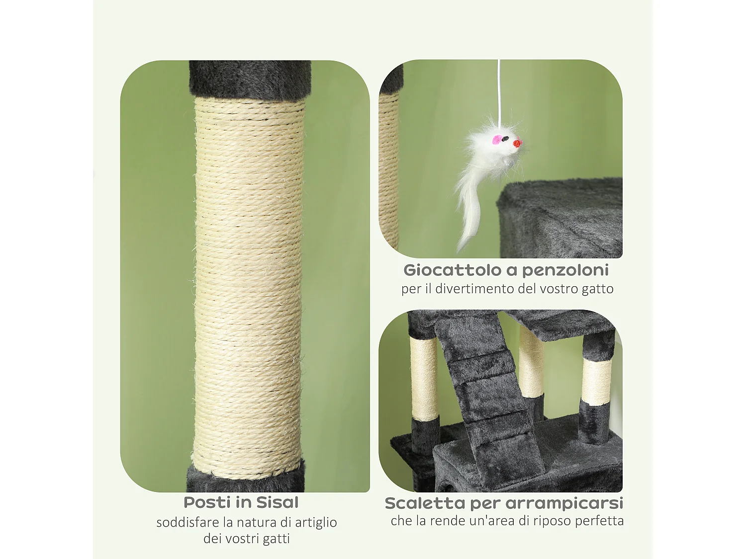 Albero tiragraffi per gatti con 3 posatoi e 2 casette grigio