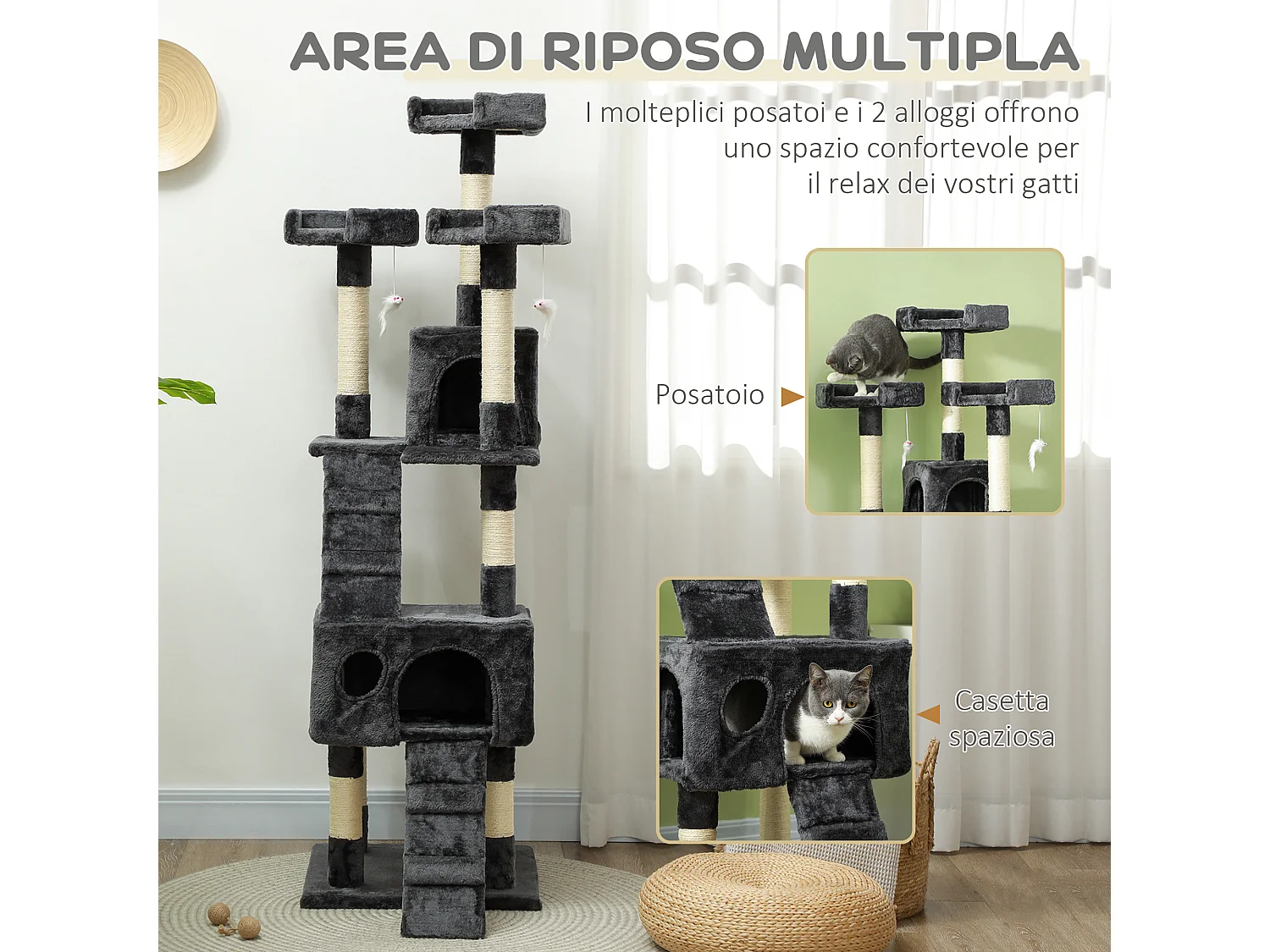 Albero tiragraffi per gatti con 3 posatoi e 2 casette grigio