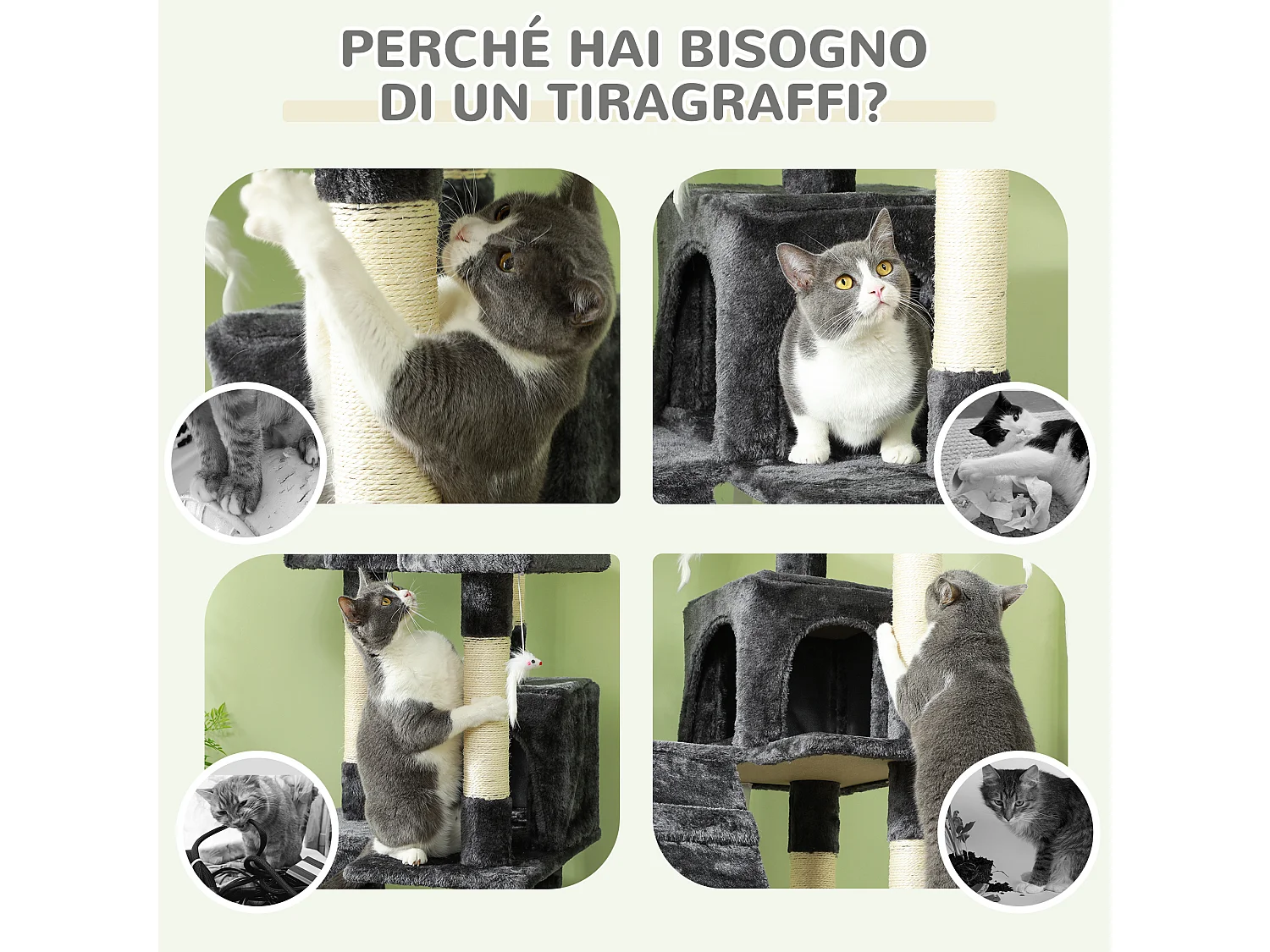 Albero tiragraffi per gatti con 3 posatoi e 2 casette grigio