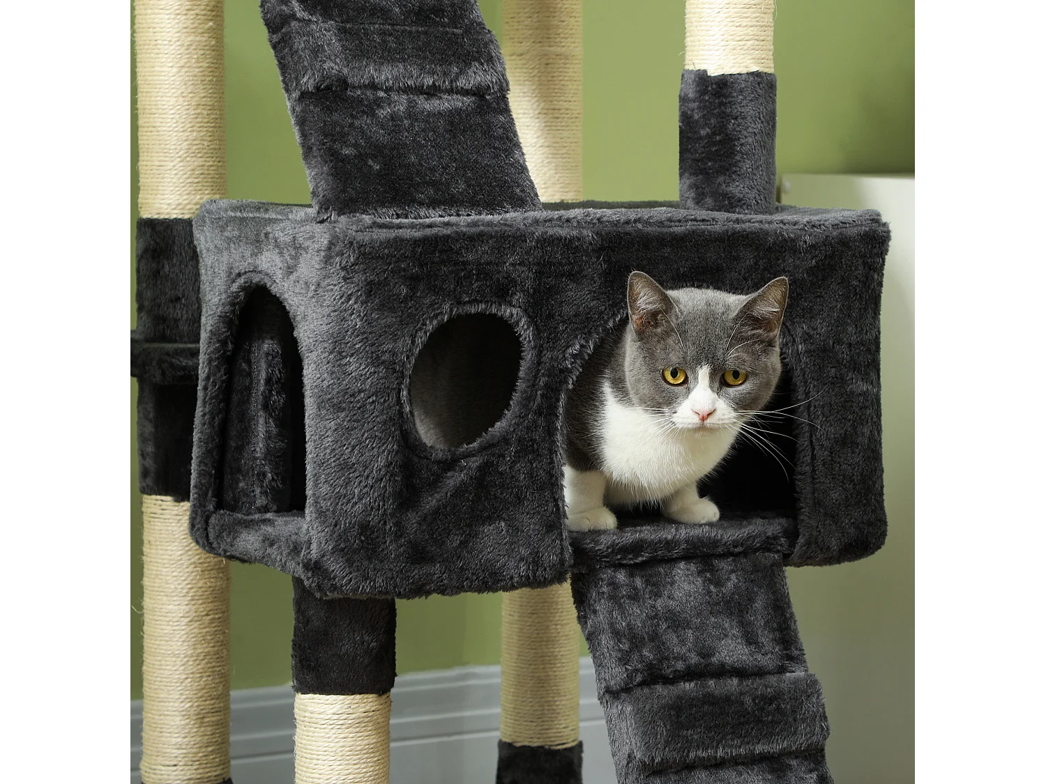 Albero tiragraffi per gatti con 3 posatoi e 2 casette grigio