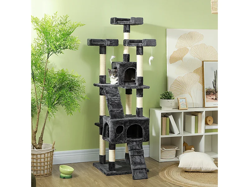 Albero tiragraffi per gatti con 3 posatoi e 2 casette grigio