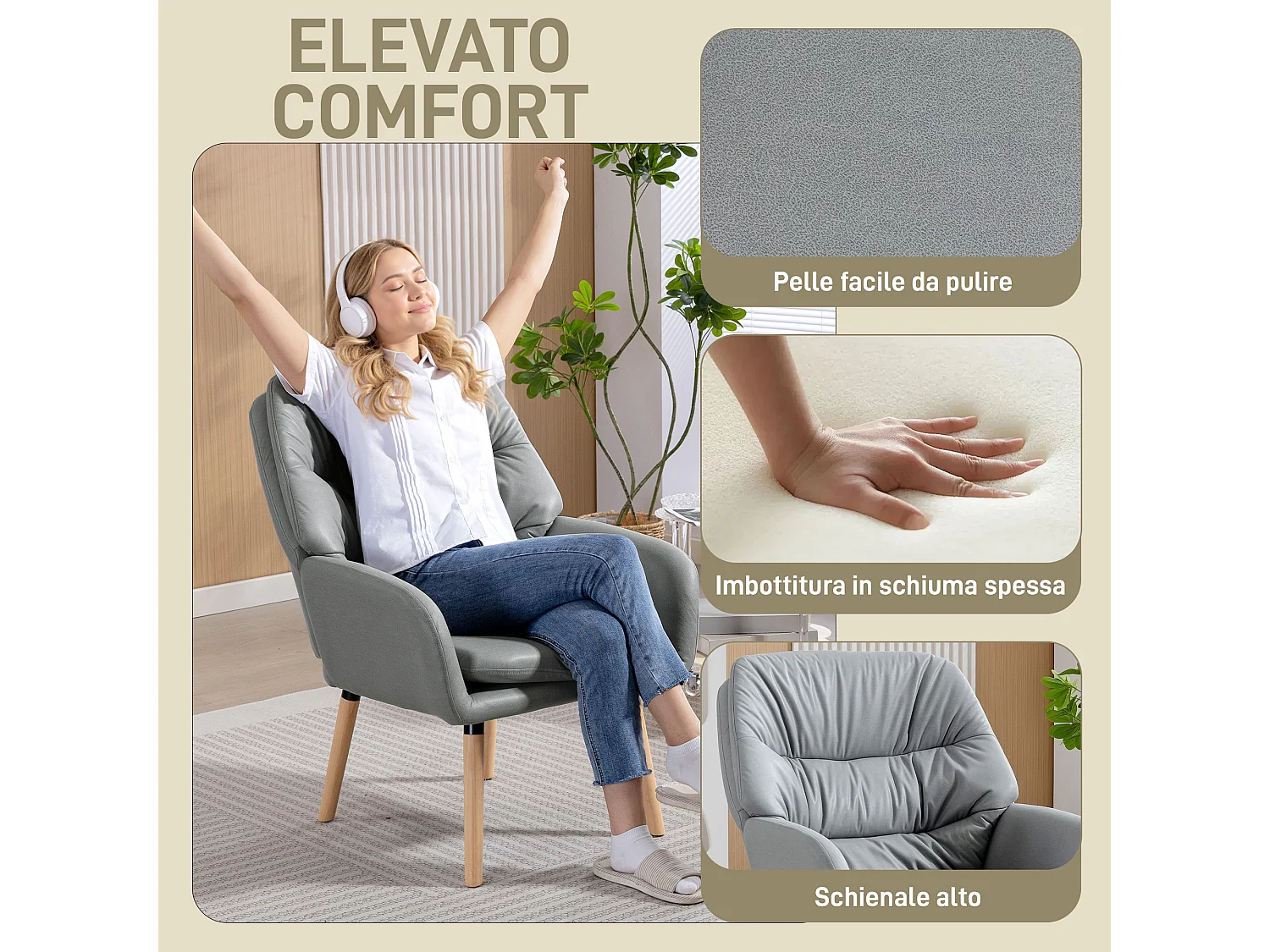 Poltrona moderna con schienale alto imbottito effetto pelle grigio