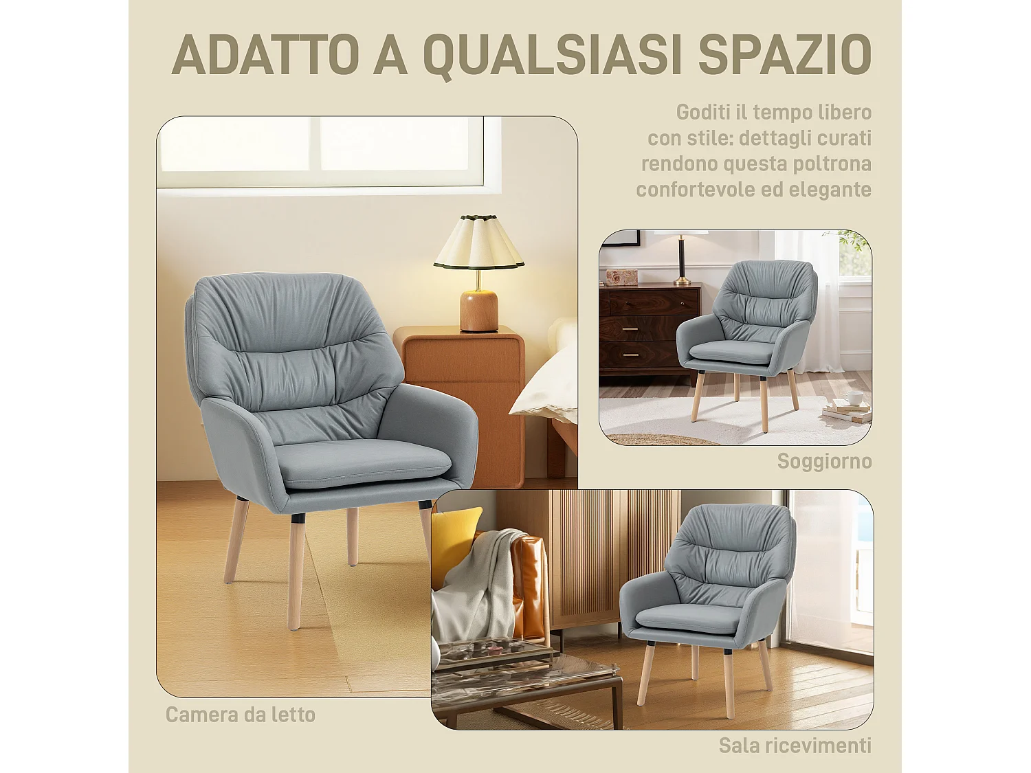 Poltrona moderna con schienale alto imbottito effetto pelle grigio