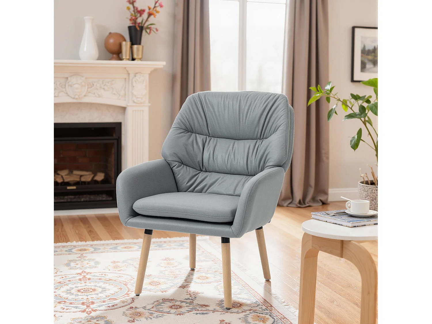 Poltrona moderna con schienale alto imbottito effetto pelle grigio