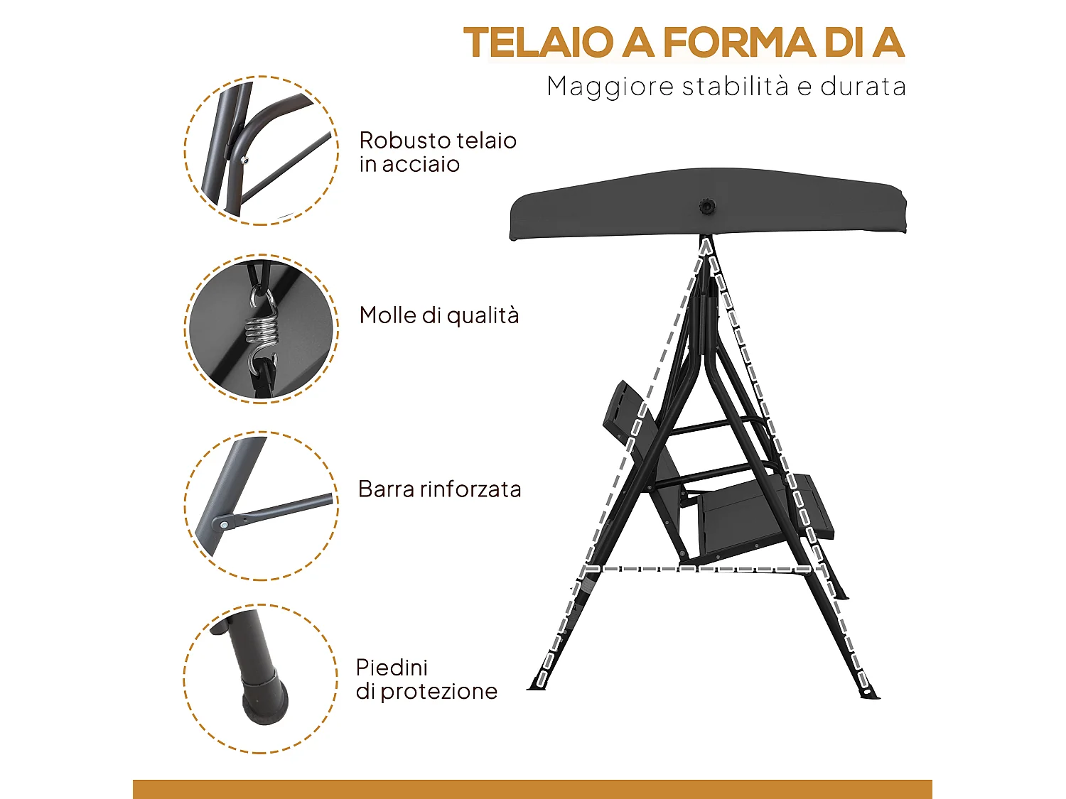 Dondolo da giardino da 3 posti con tettuccio parasole nero