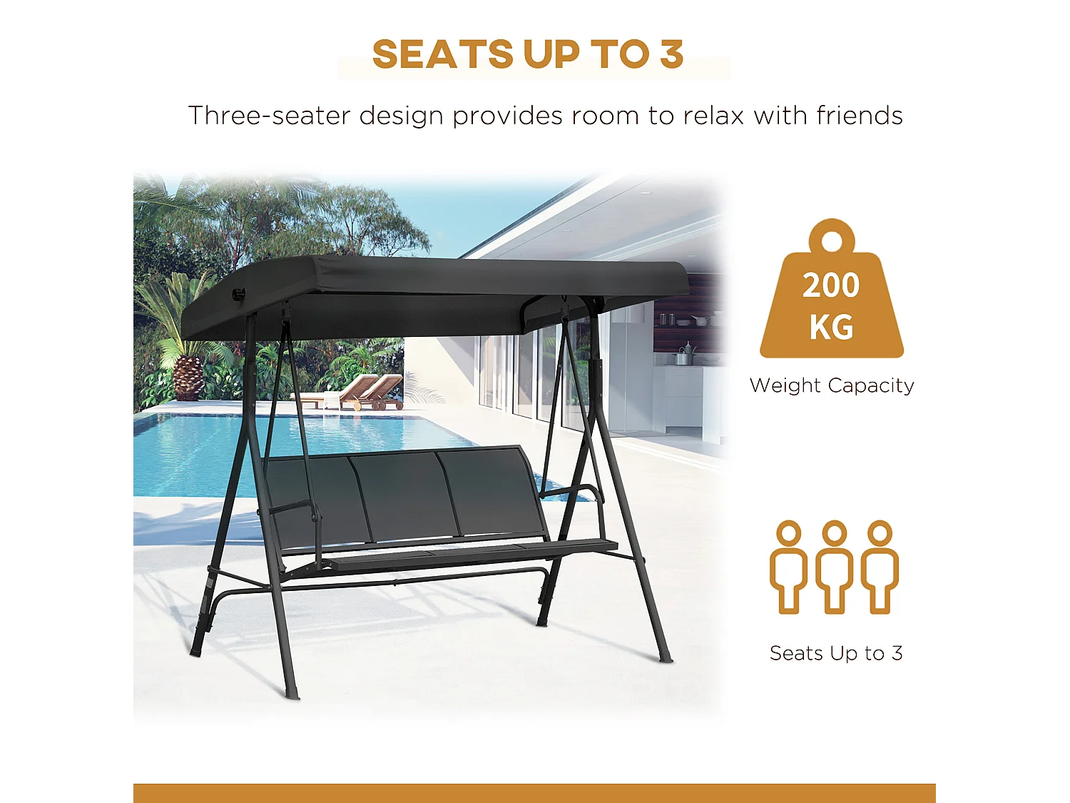 Dondolo da giardino da 3 posti con tettuccio parasole nero