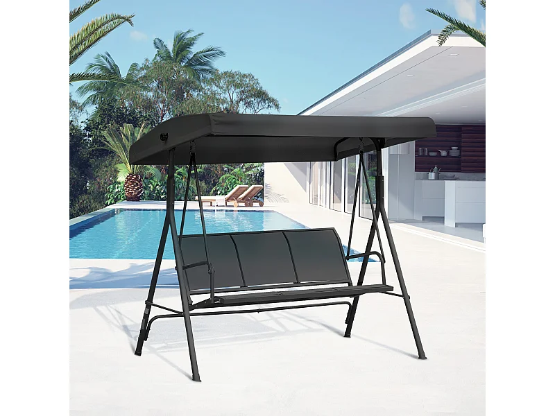 Dondolo da giardino da 3 posti con tettuccio parasole nero