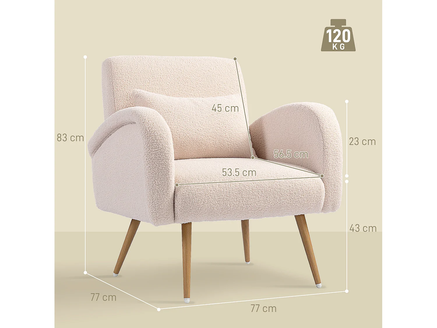 Poltrona per salotto con cuscino lombare in tessuto teddy beige