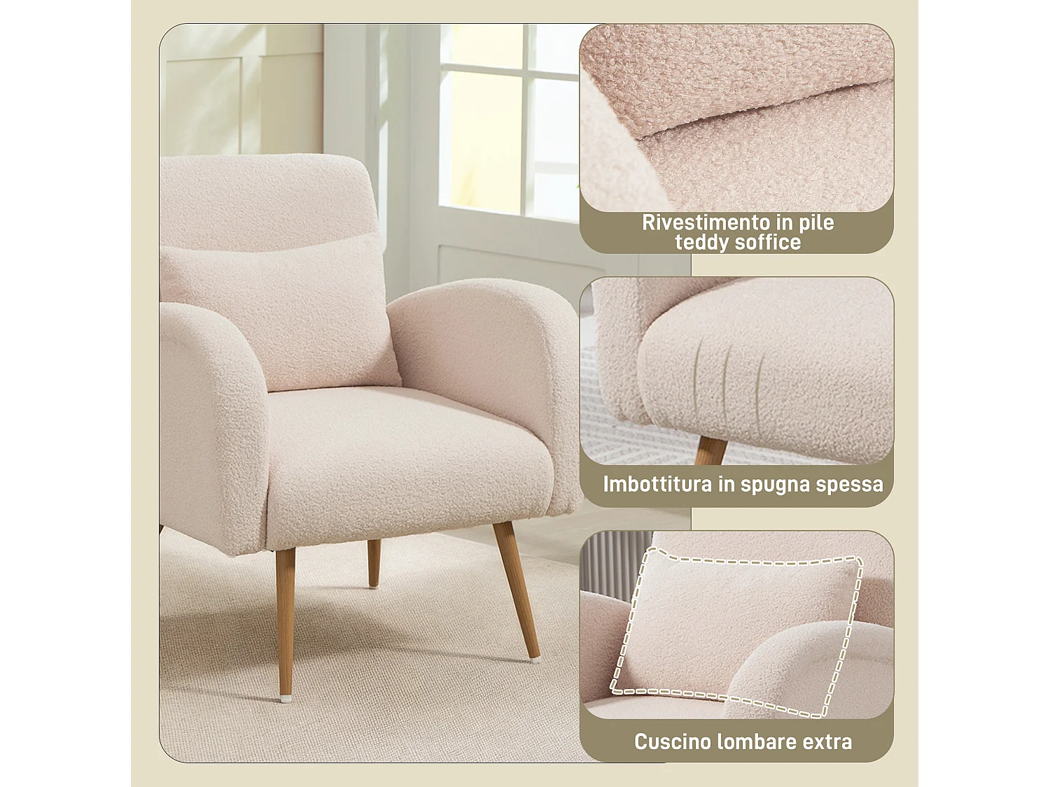 Poltrona per salotto con cuscino lombare in tessuto teddy beige