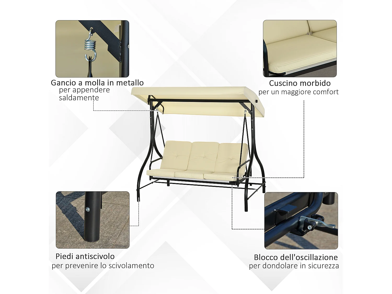 Dondolo letto da giardino 3 posti con tettuccio beige