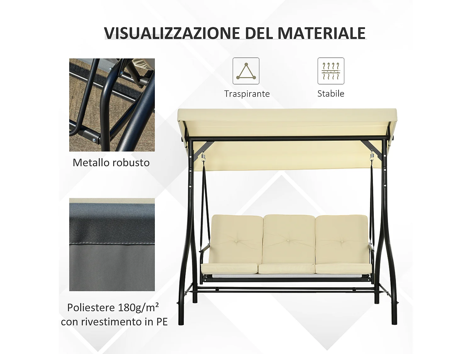 Dondolo letto da giardino 3 posti con tettuccio beige