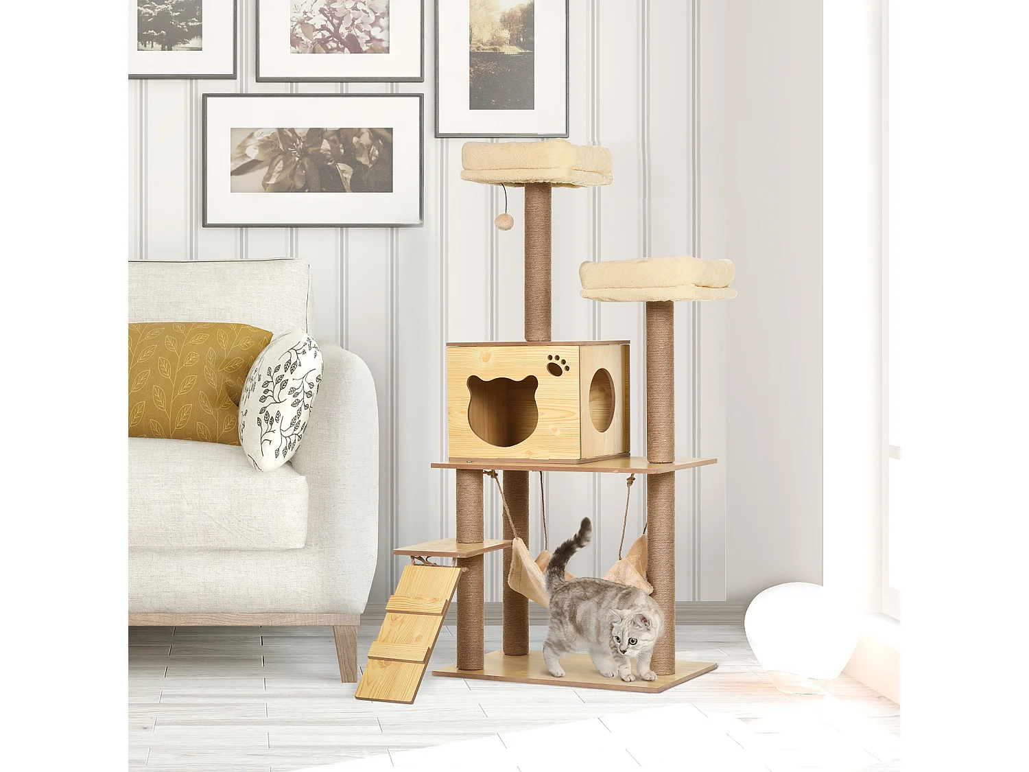 Albero tiragraffi per gatti con casetta, 2 lettini, amaca e pallina