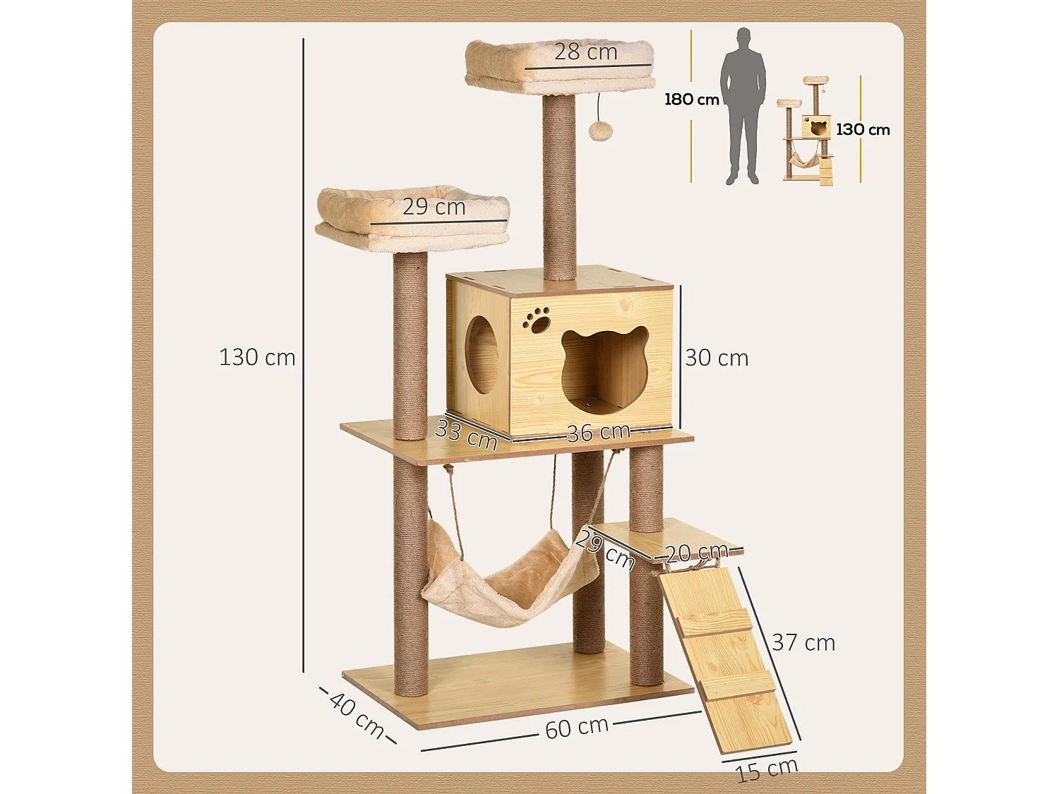 Albero tiragraffi per gatti con casetta, 2 lettini, amaca e pallina