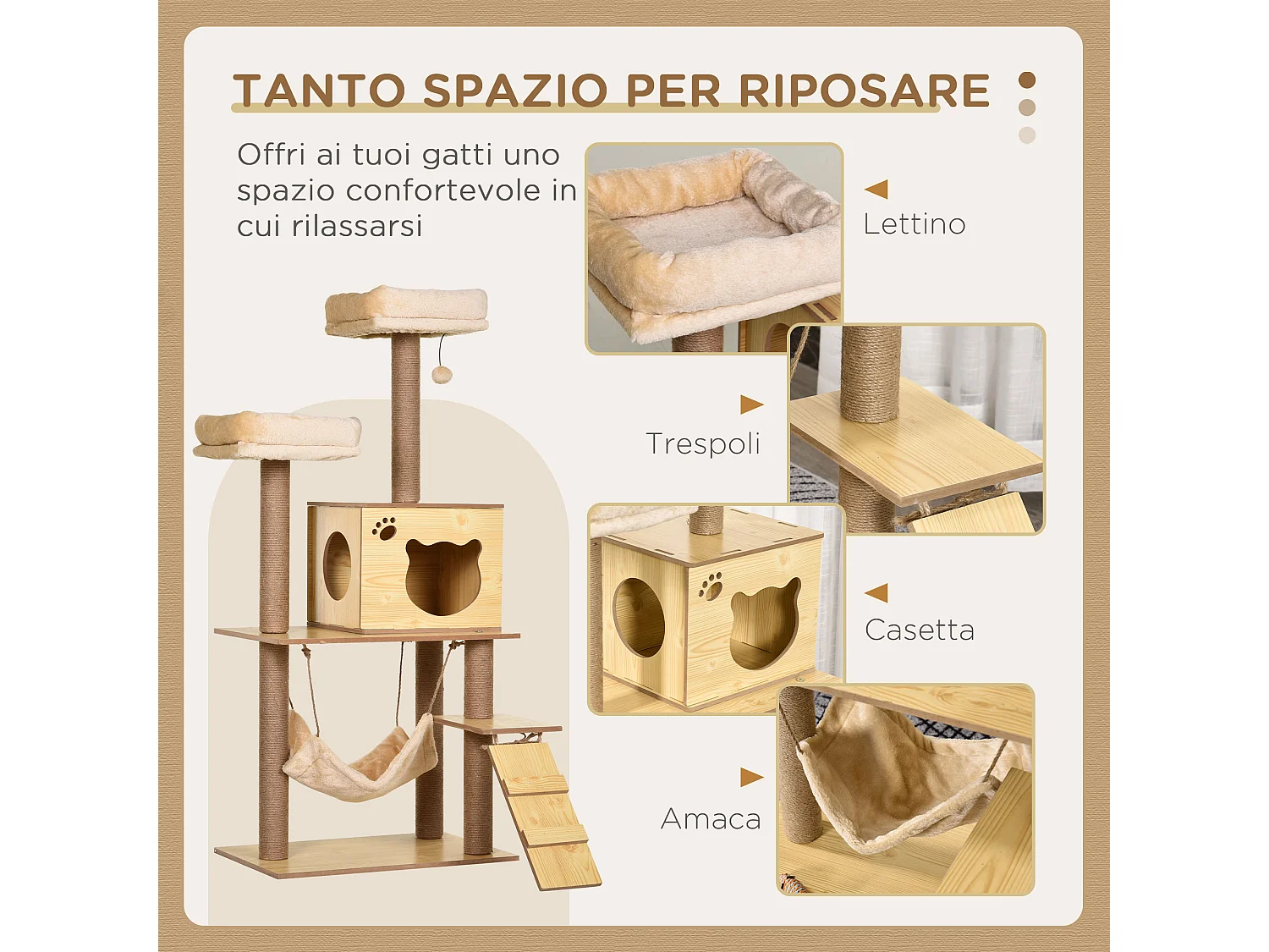 Albero tiragraffi per gatti con casetta, 2 lettini, amaca e pallina
