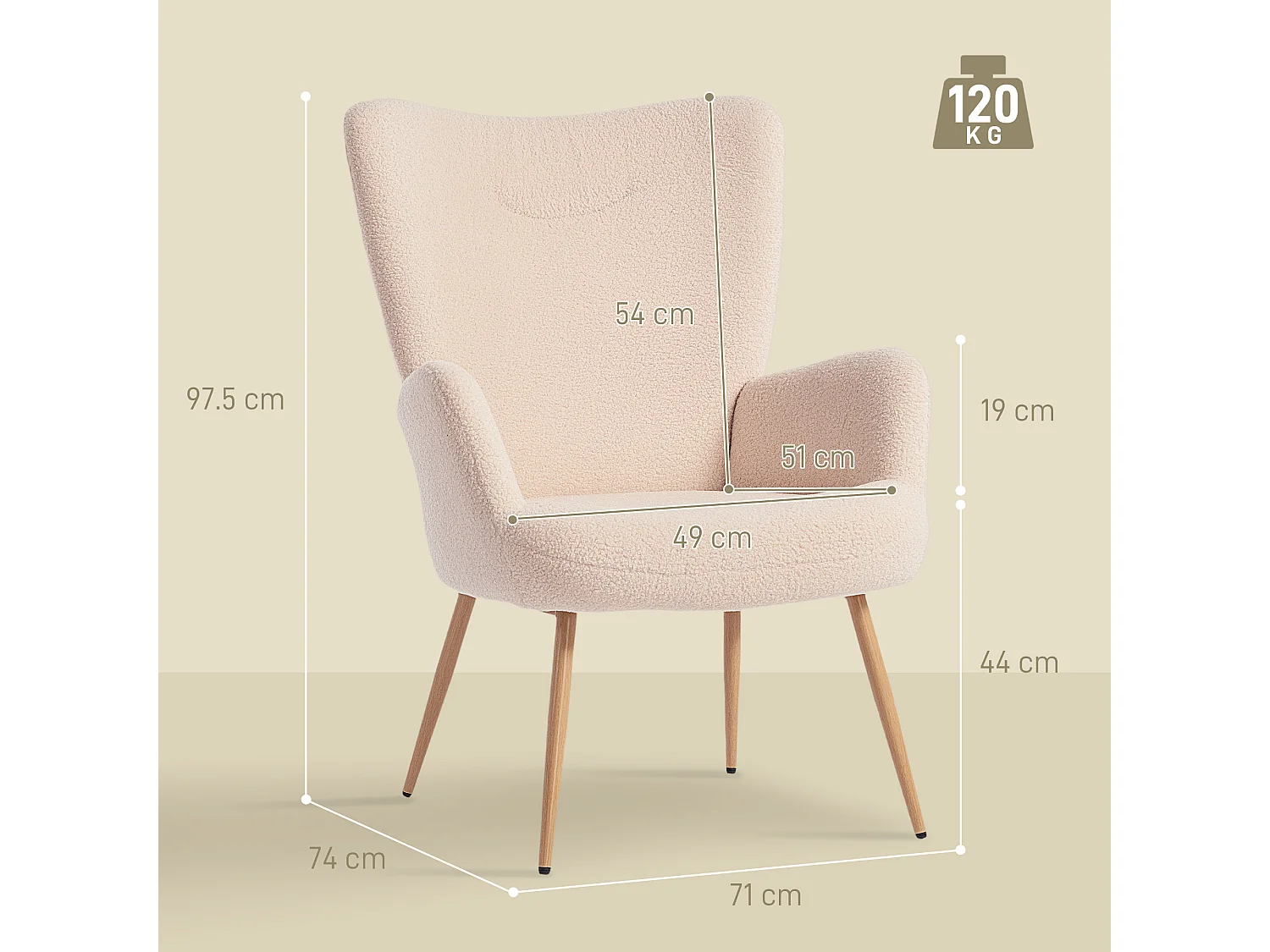 Poltrona da camera con schienale alto e braccioli in sherpa beige