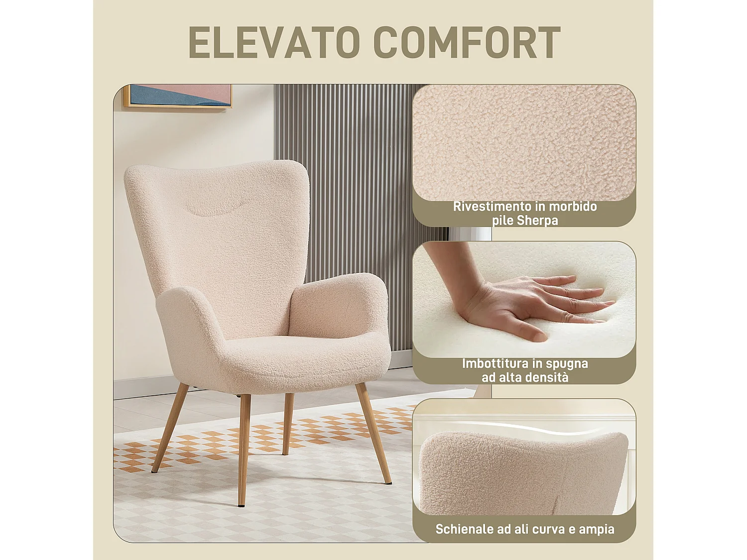 Poltrona da camera con schienale alto e braccioli in sherpa beige