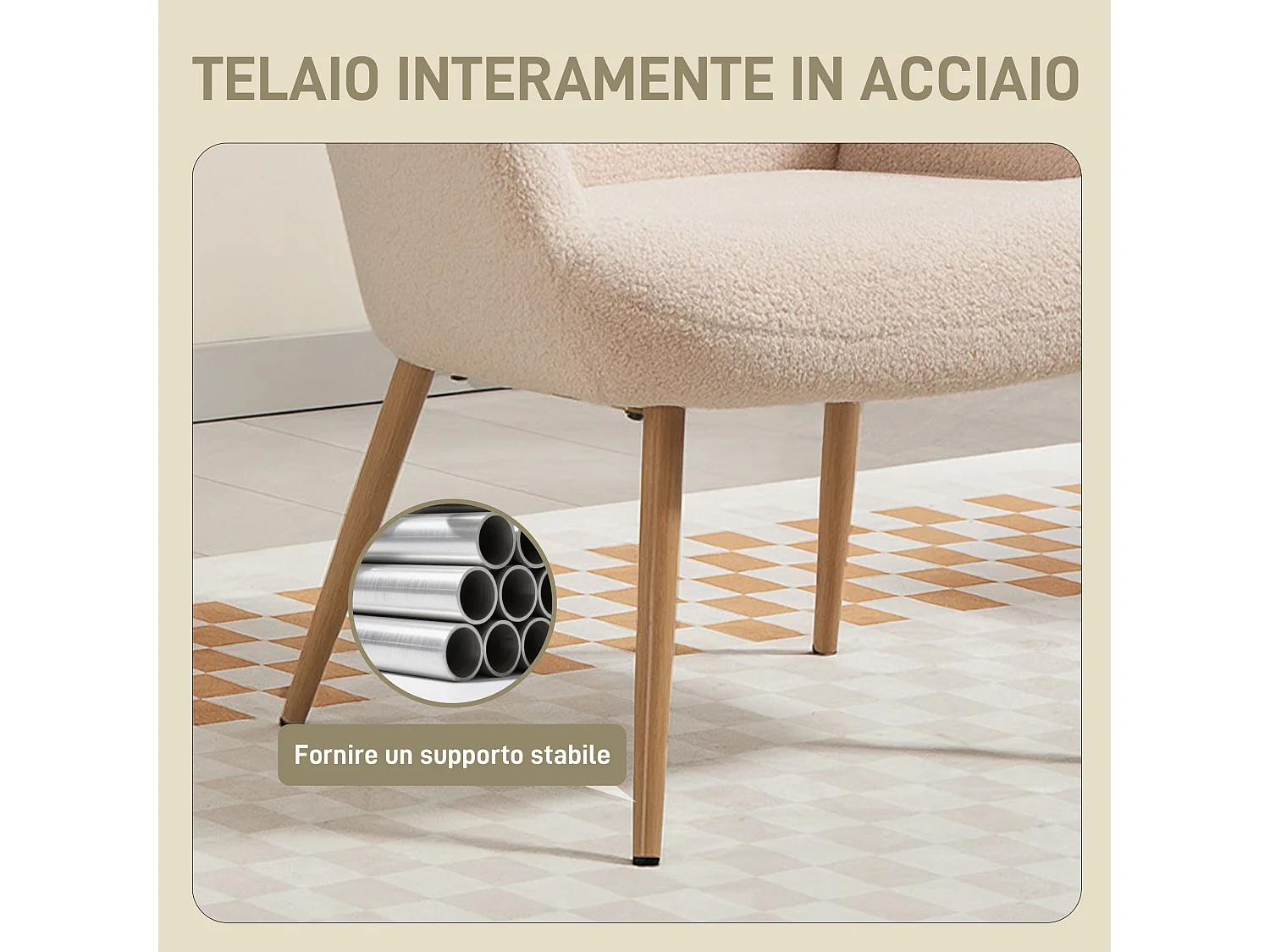 Poltrona da camera con schienale alto e braccioli in sherpa beige