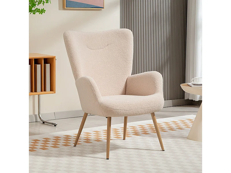 Poltrona da camera con schienale alto e braccioli in sherpa beige