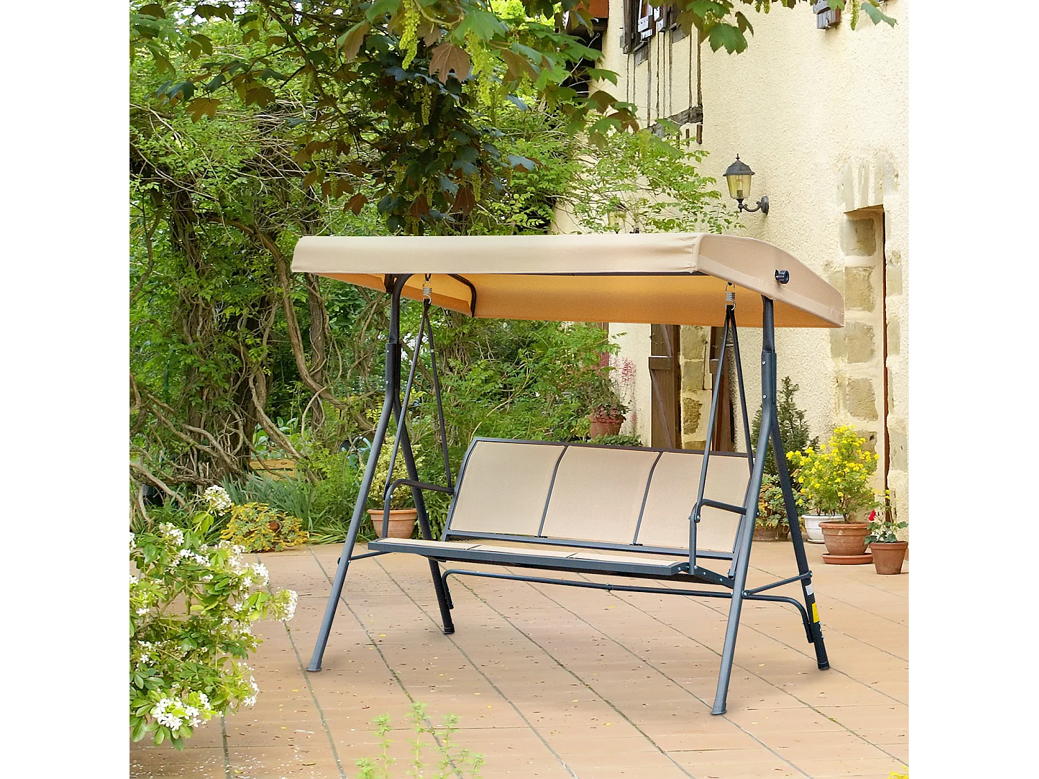 Dondolo da giardino da 3 posti con tettuccio parasole beige