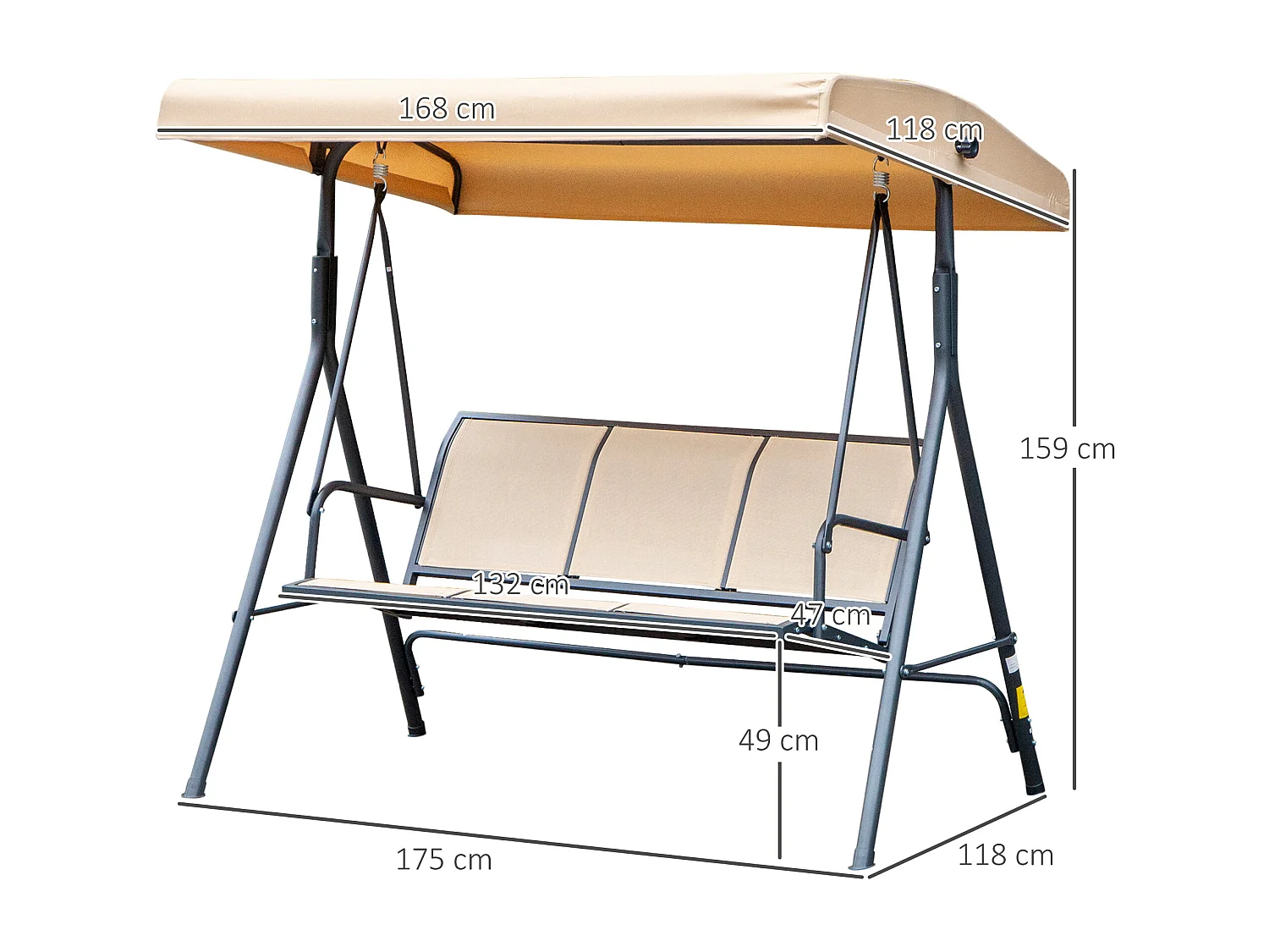 Dondolo da giardino da 3 posti con tettuccio parasole beige