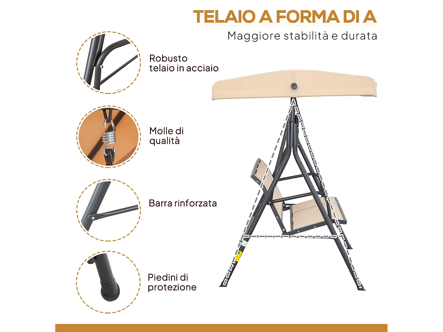 Dondolo da giardino da 3 posti con tettuccio parasole beige