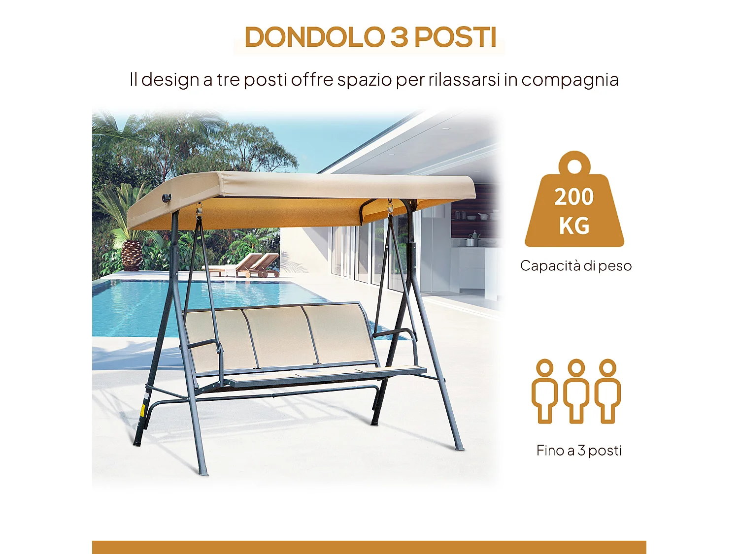 Dondolo da giardino da 3 posti con tettuccio parasole beige