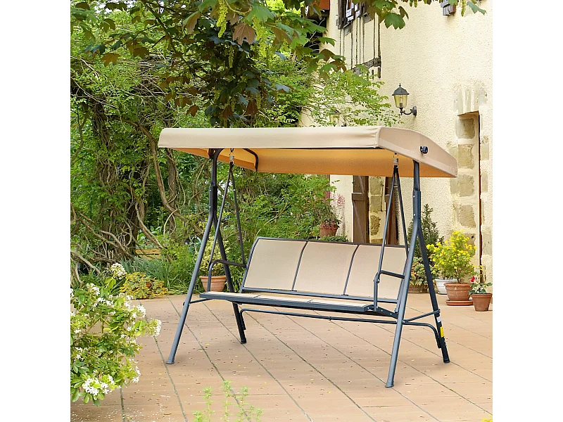 Dondolo da giardino da 3 posti con tettuccio parasole beige