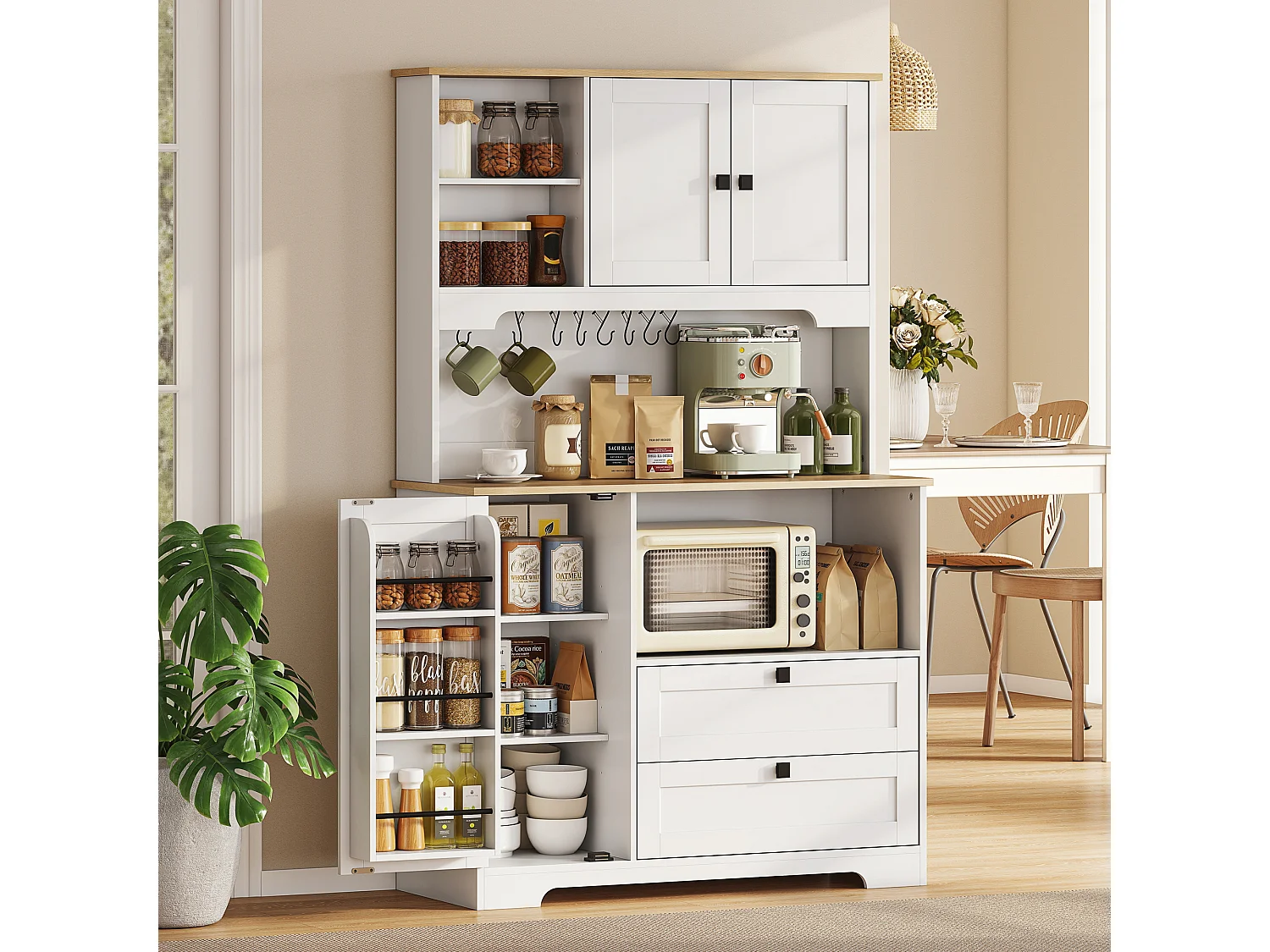 Credenza cucina con 3 armadietti e 2 cassetti alta 162 cm bianco