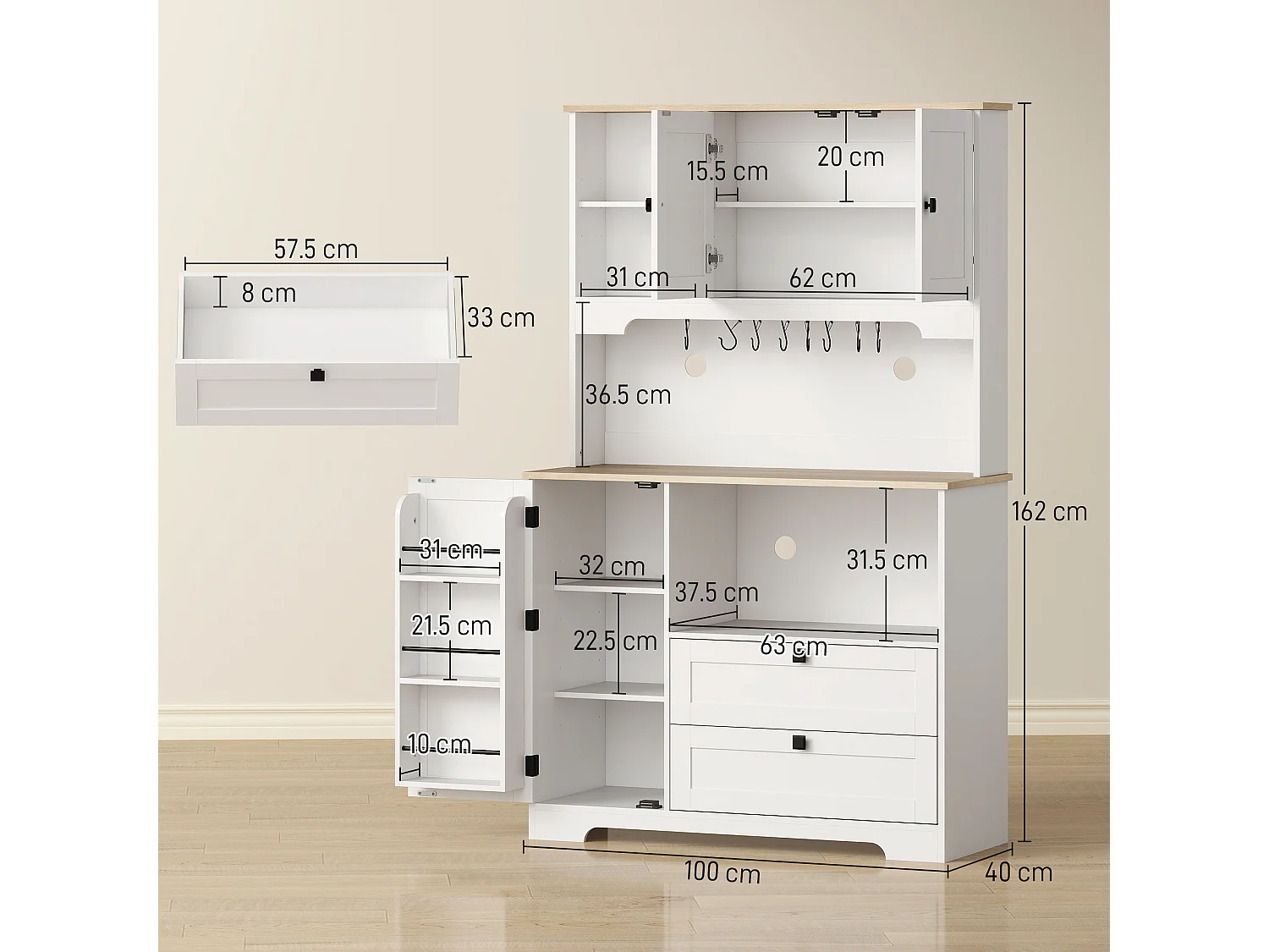 Credenza cucina con 3 armadietti e 2 cassetti alta 162 cm bianco