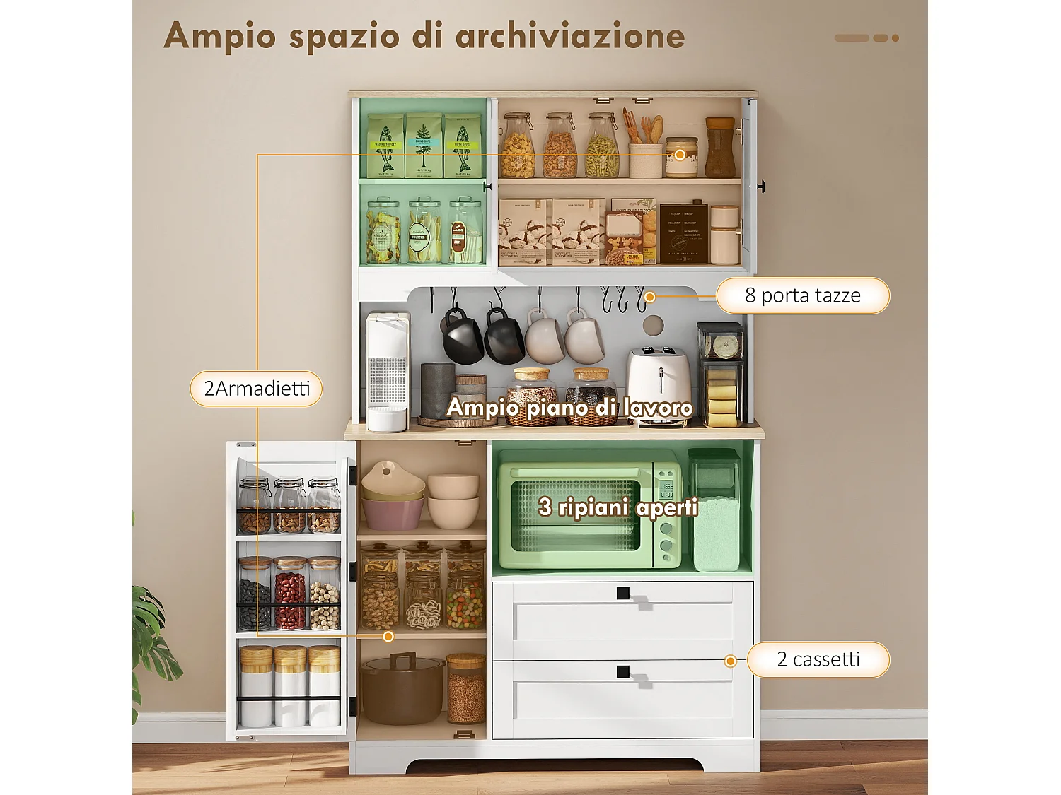 Credenza cucina con 3 armadietti e 2 cassetti alta 162 cm bianco