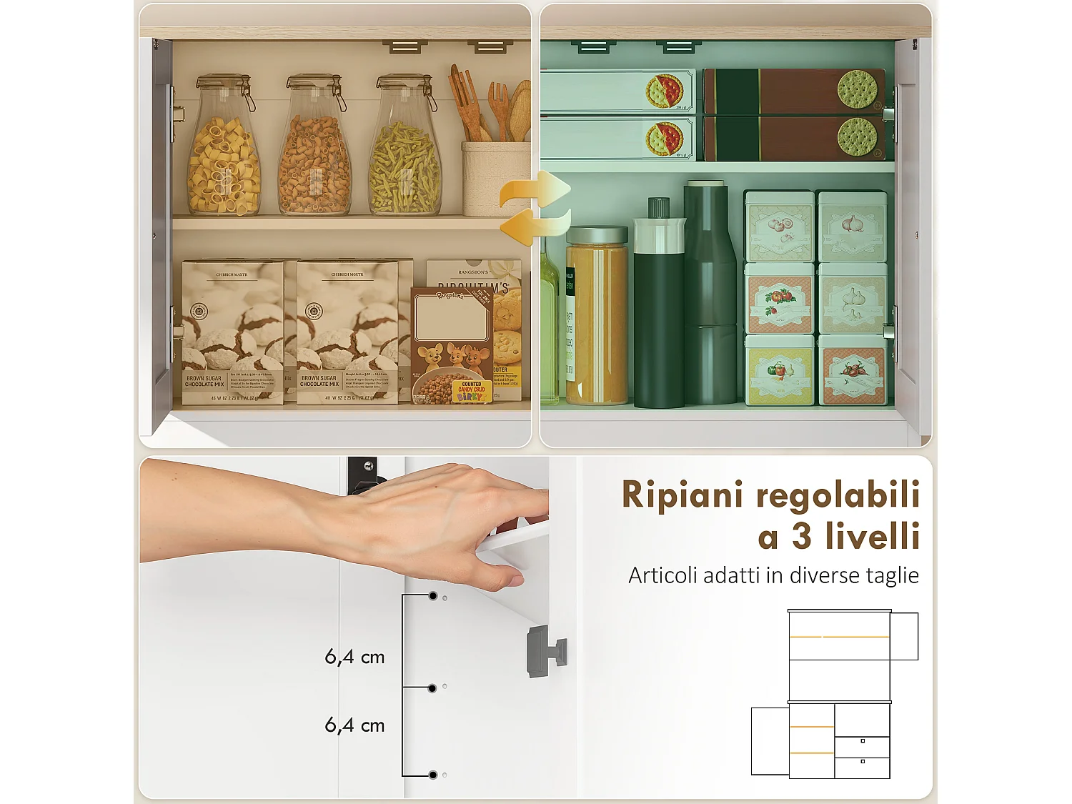 Credenza cucina con 3 armadietti e 2 cassetti alta 162 cm bianco