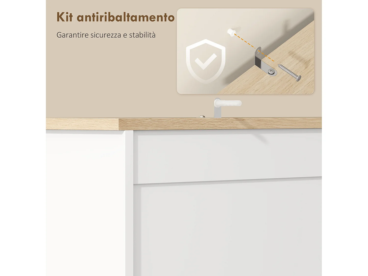 Credenza cucina con 3 armadietti e 2 cassetti alta 162 cm bianco