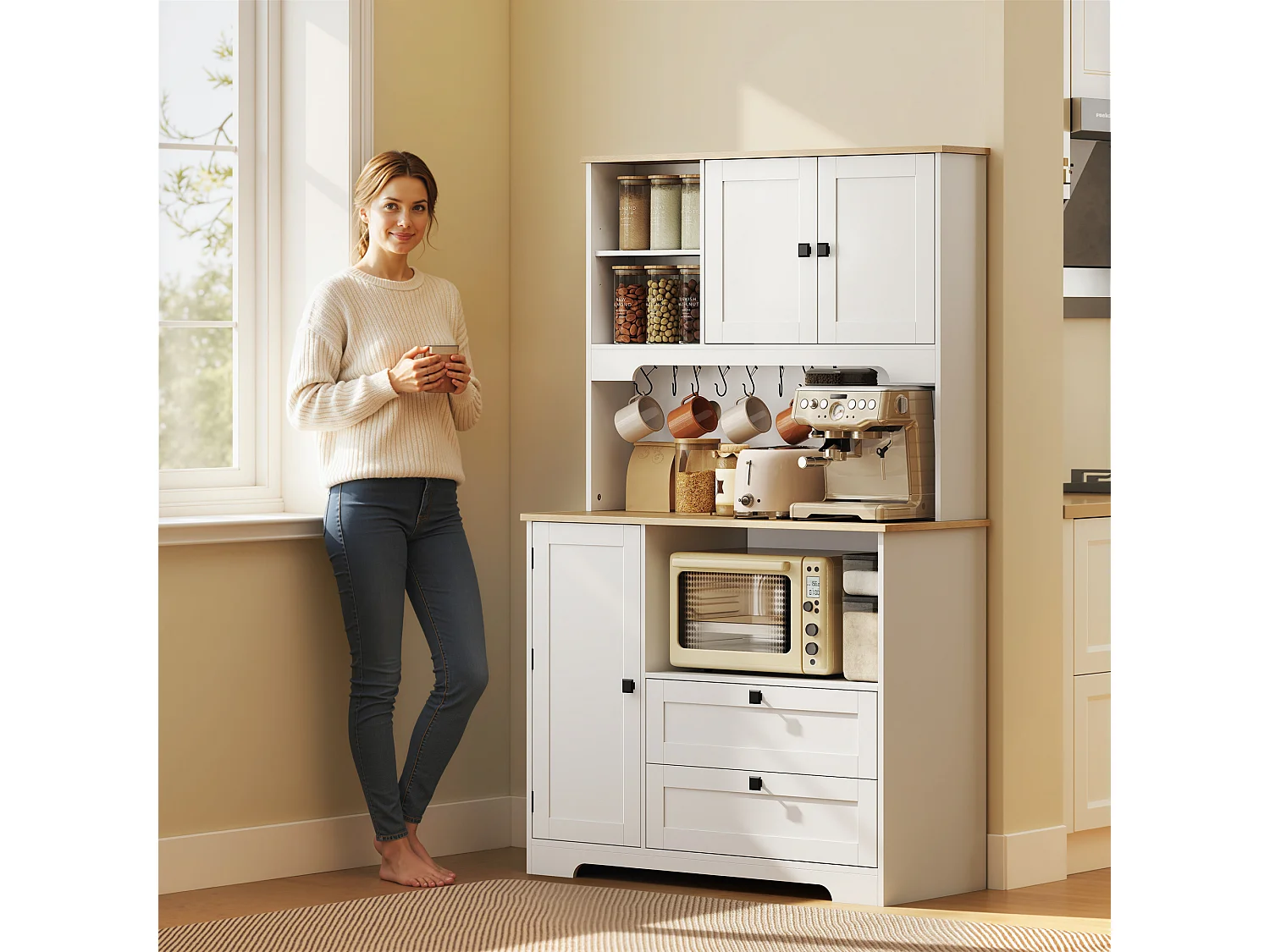 Credenza cucina con 3 armadietti e 2 cassetti alta 162 cm bianco