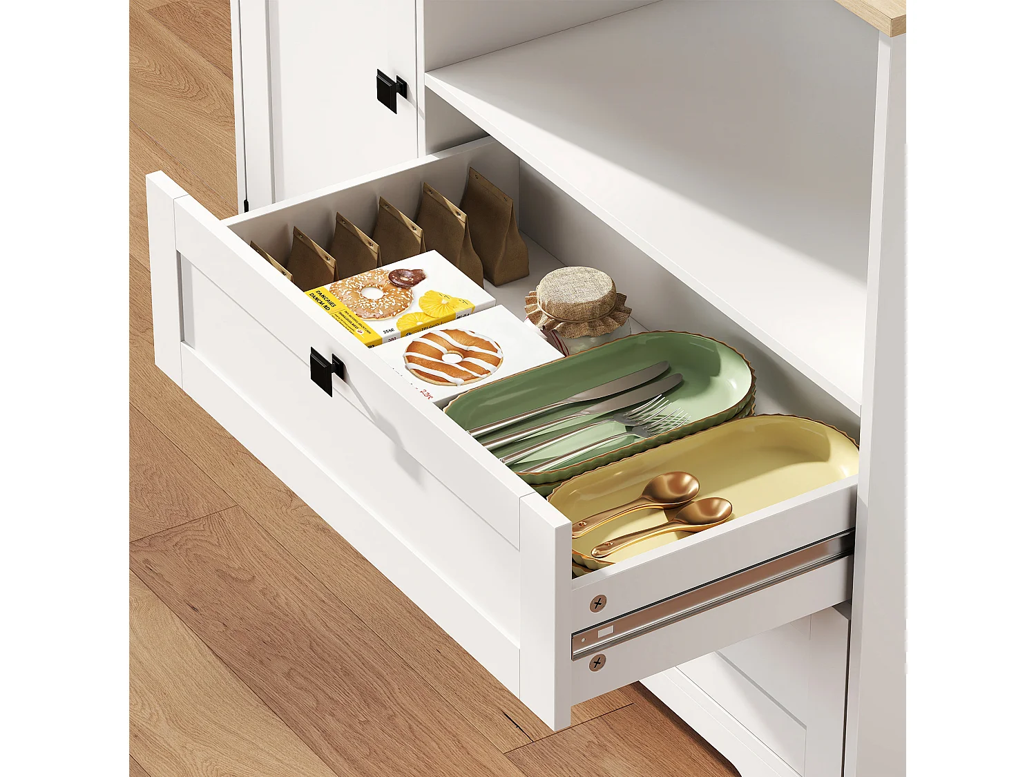 Credenza cucina con 3 armadietti e 2 cassetti alta 162 cm bianco