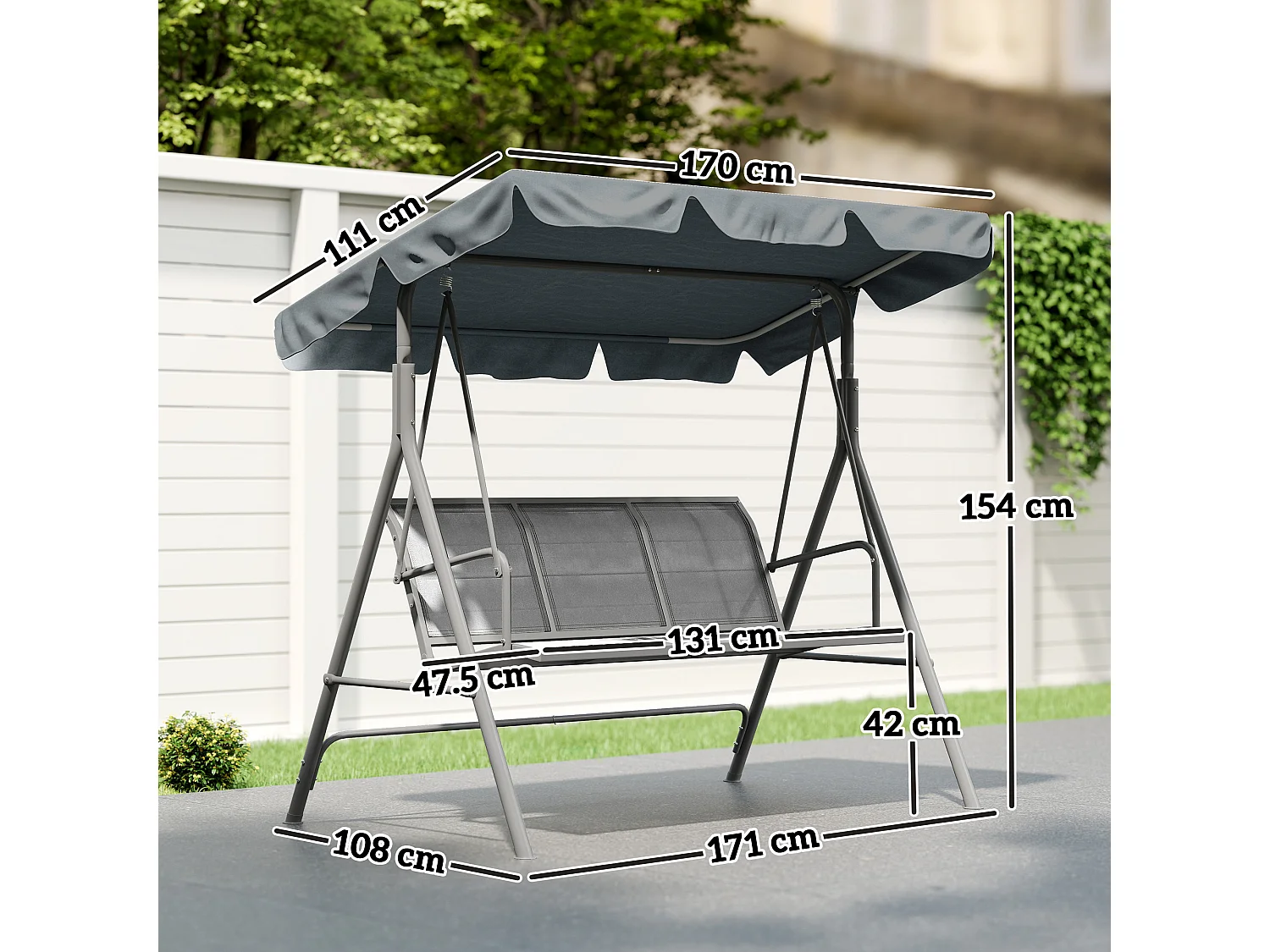 Dondolo da giardino 3 posti con tetto parasole grigio scuro