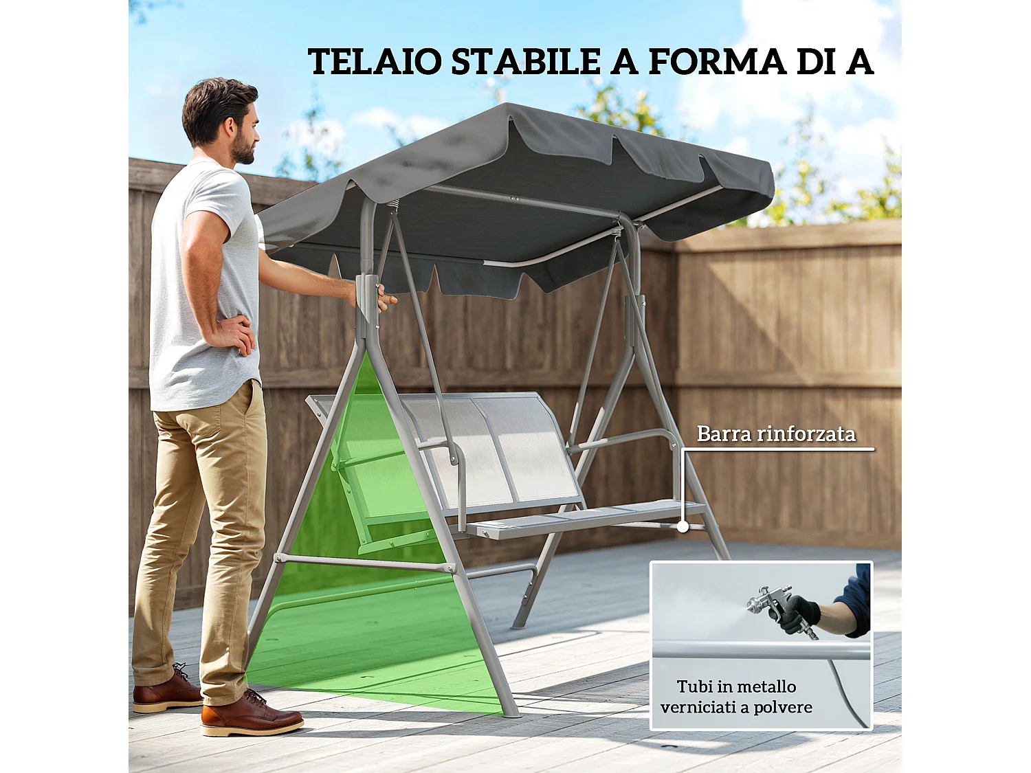 Dondolo da giardino 3 posti con tetto parasole grigio scuro