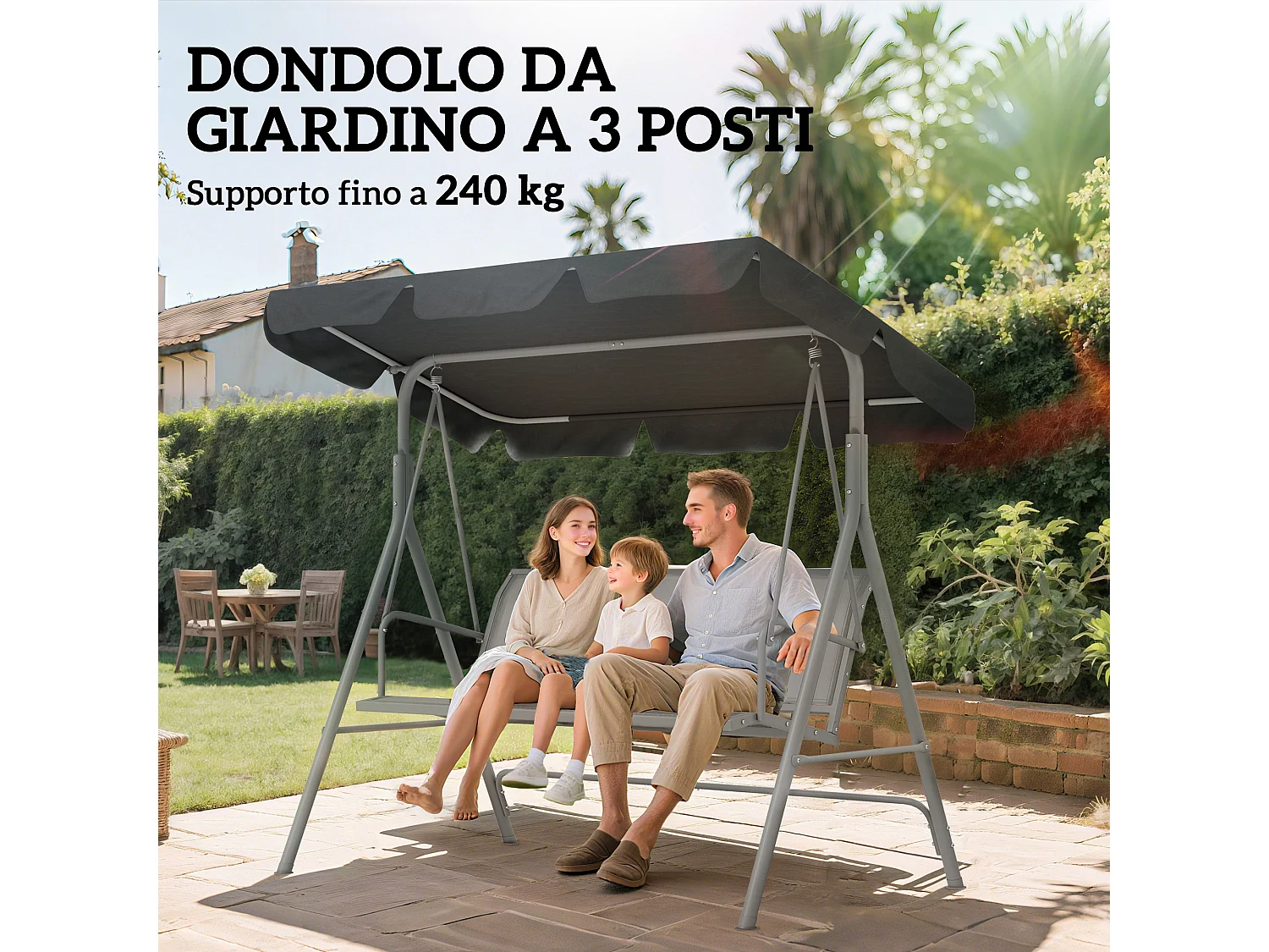 Dondolo da giardino 3 posti con tetto parasole grigio scuro