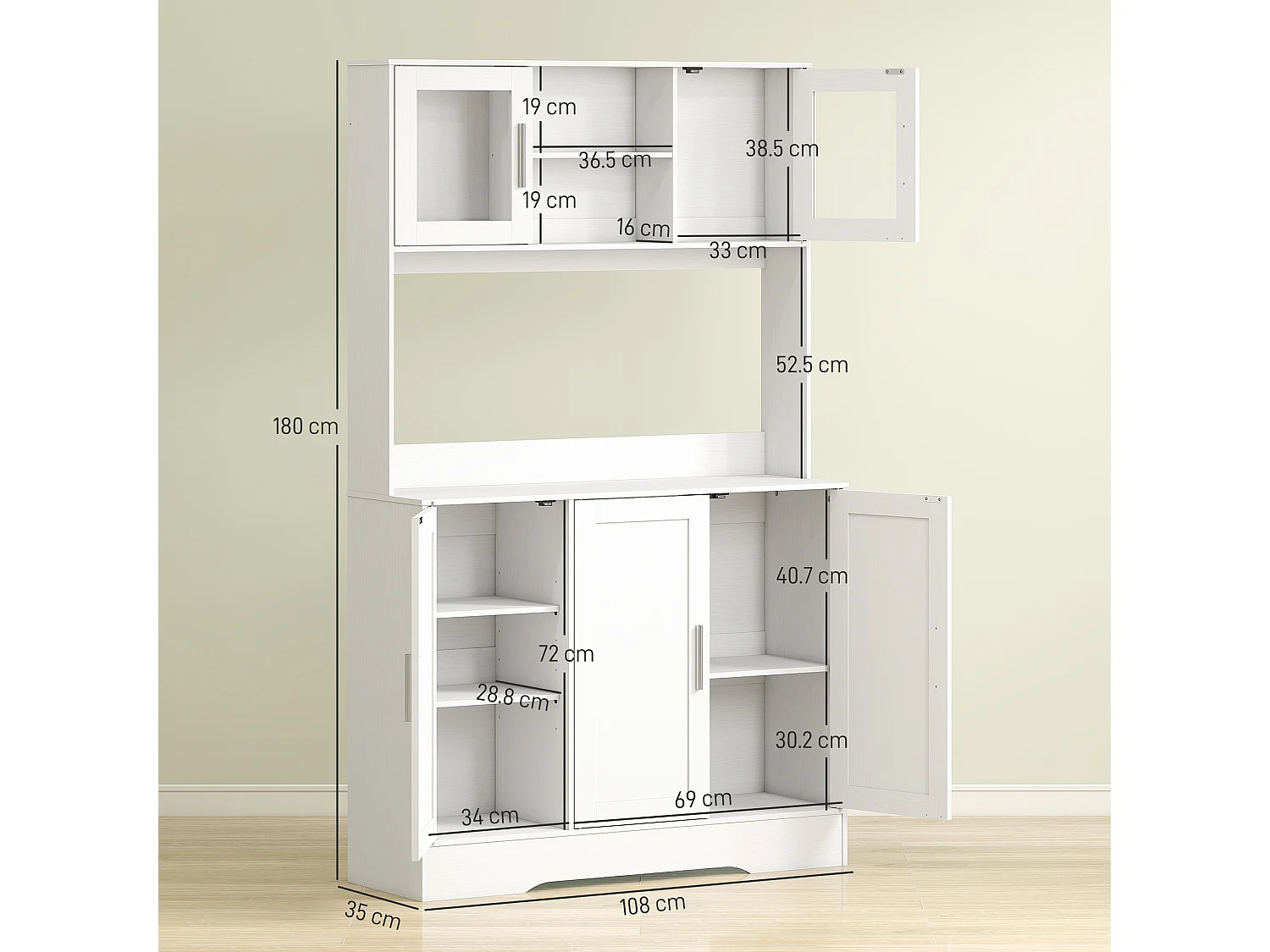 Mobile dispensa alto con 4 armadietti, 2 ripiani aperti e piano bianco